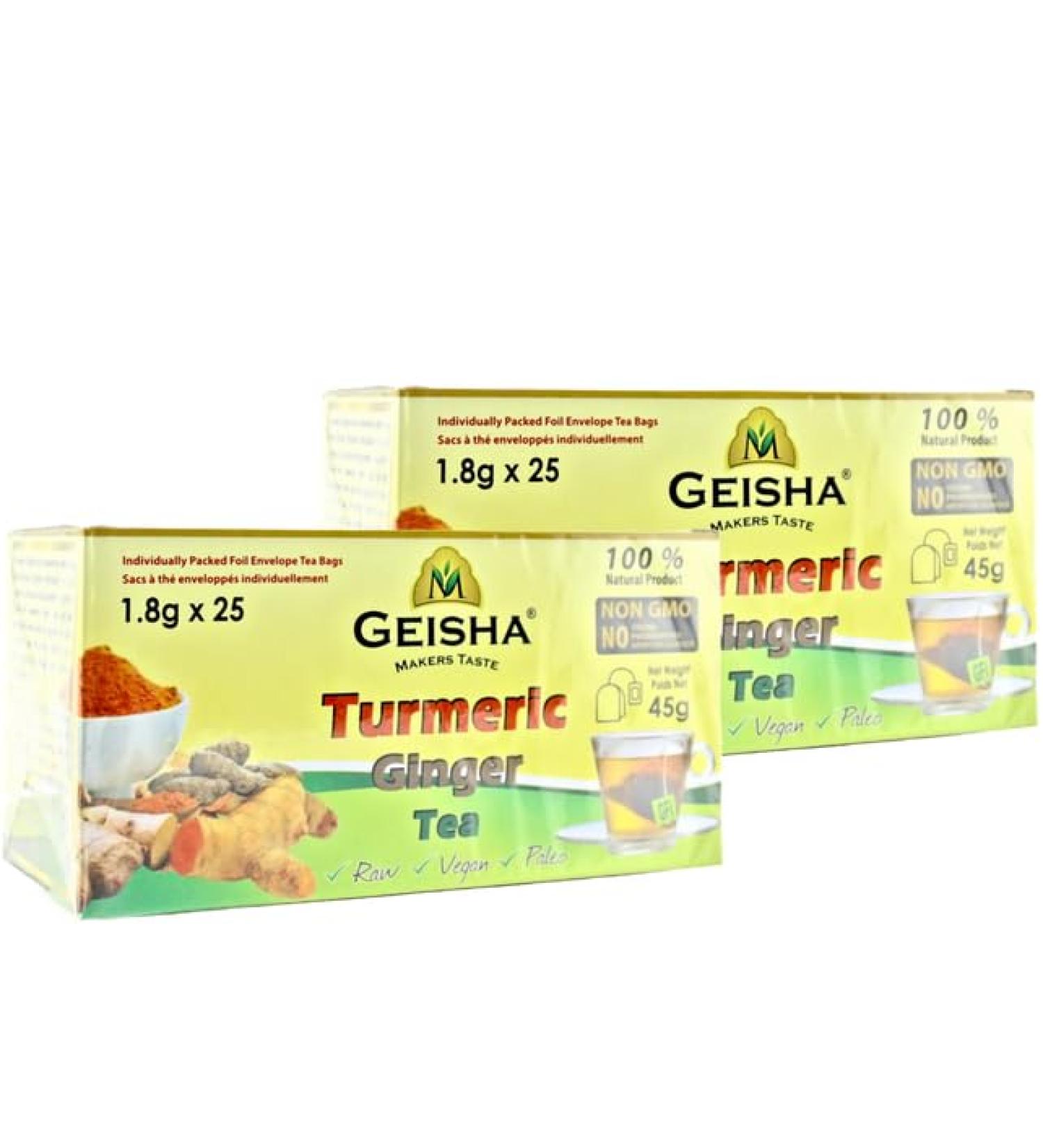 GEISHA Turmeric Ginger Tea - 2 Pack (50 Tea Bags/Pouches) | Ceylon Tea | Immune Boost | Non GMO