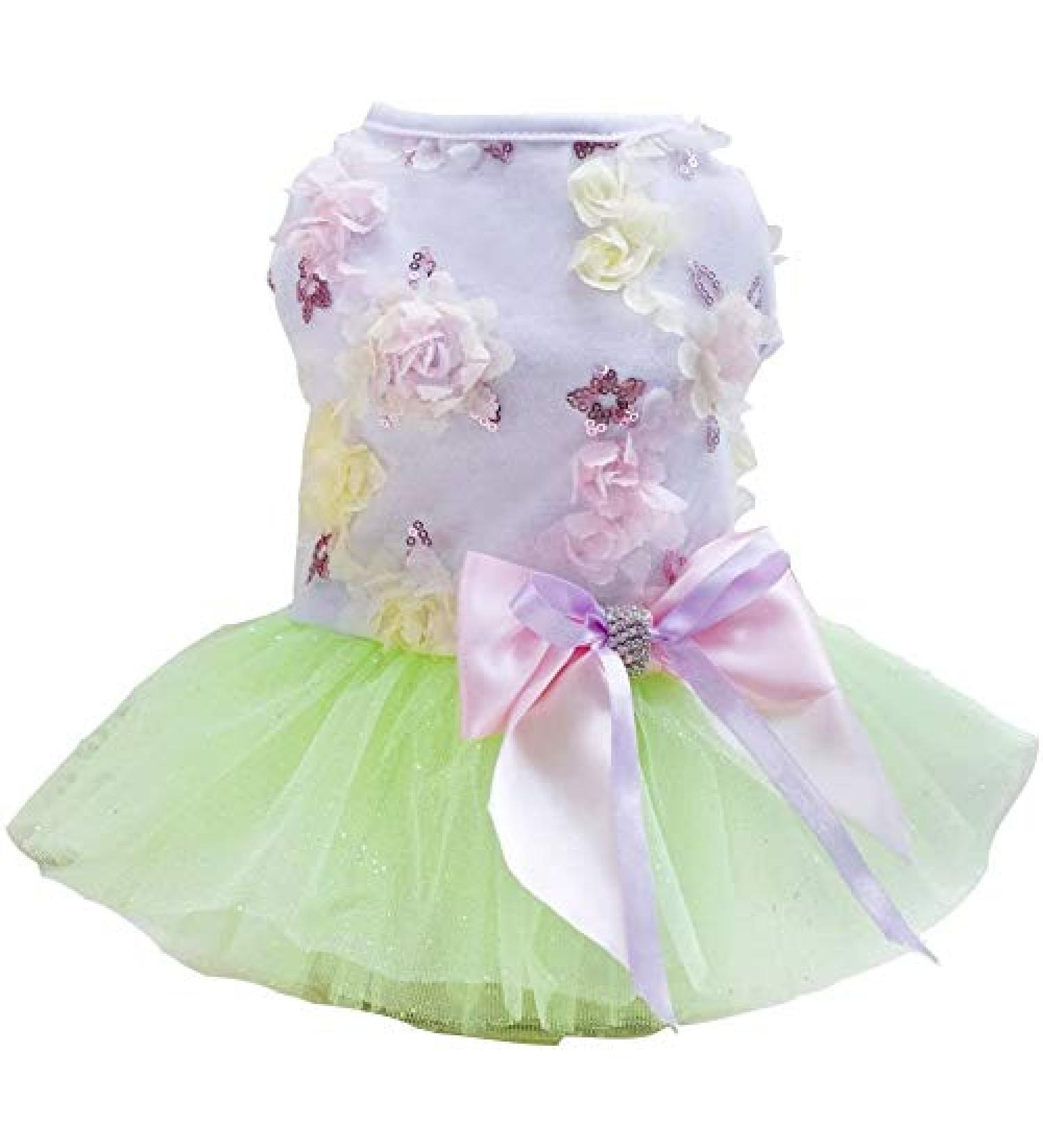 Luxury Green Dog Dress for Little Girls - Puppy Tutu Skirt Princess Clothes Floral Lace Wedding Outfit (XS) - Buy Online on GoSupps.com
