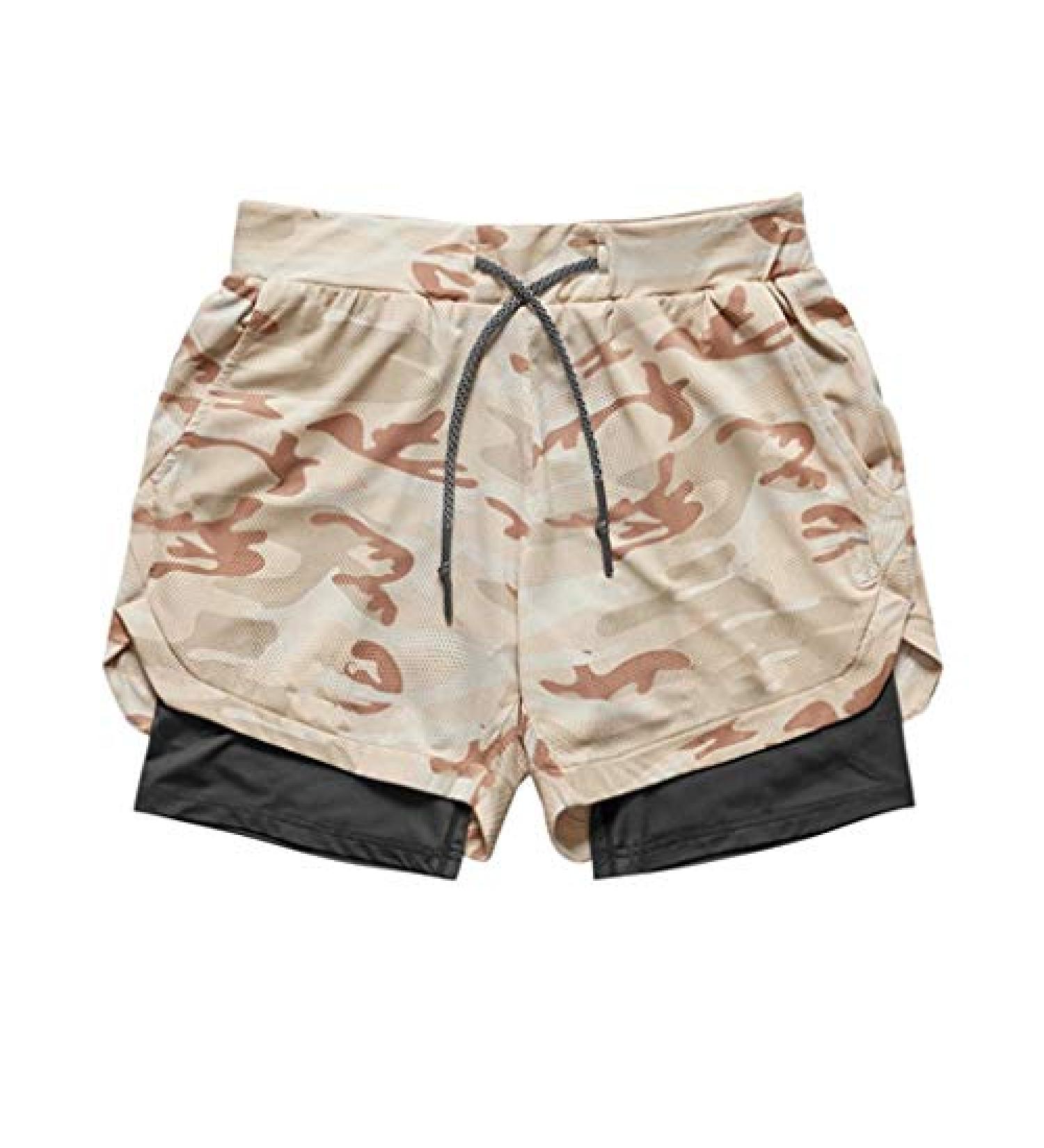MONISE Men's 2-in-1 Running Shorts - Phone Pocket, Quick Dry, Breathable, Lightweight - Khaki, Medium | Ideal for Exercise, Jogging, Cycling - Buy Online on GoSupps.com