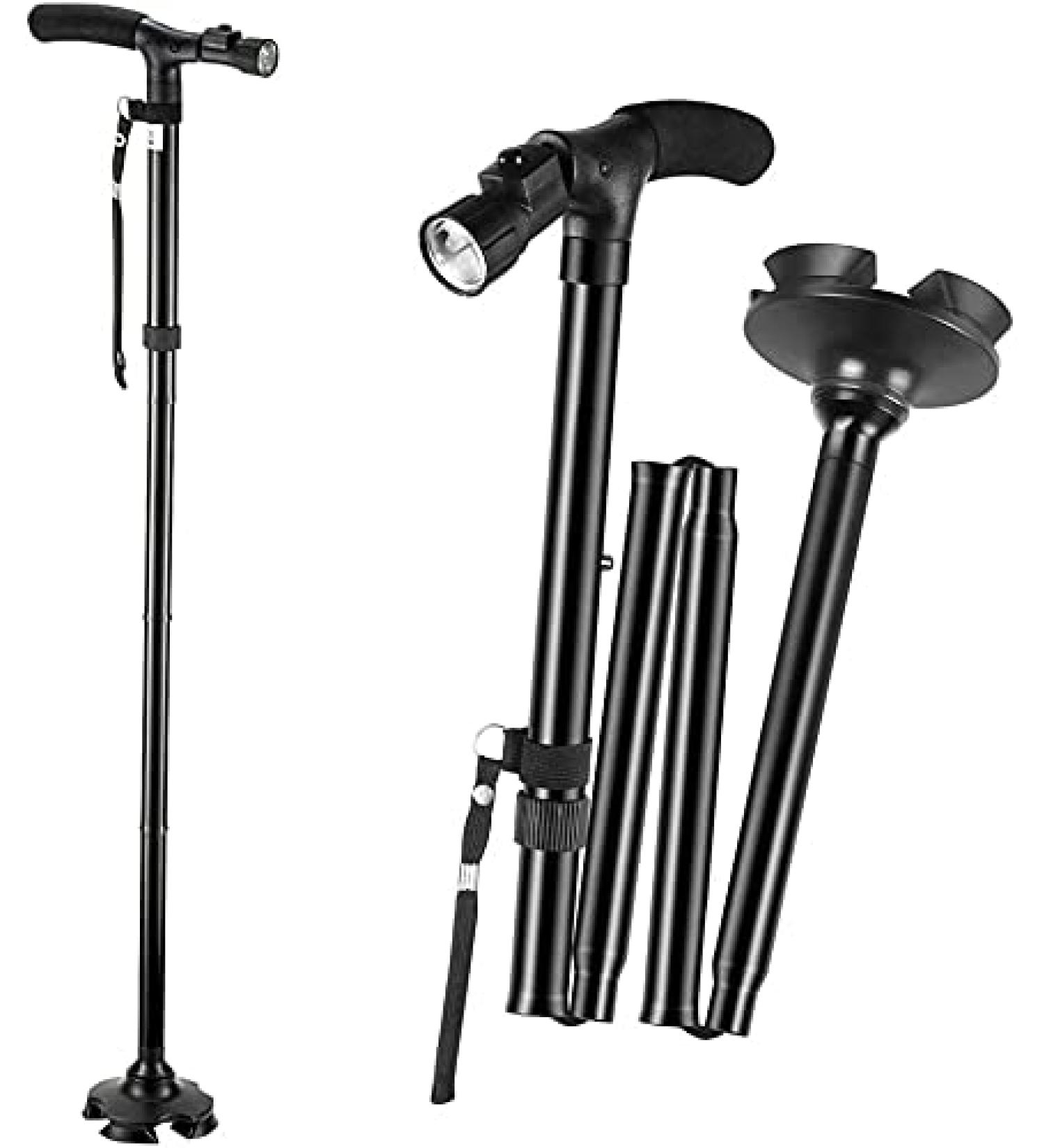 Led Light +Foldable Safety Walking Stick Folding Adjustable Aluminium Pole Cane Black - Buy Online on GoSupps.com