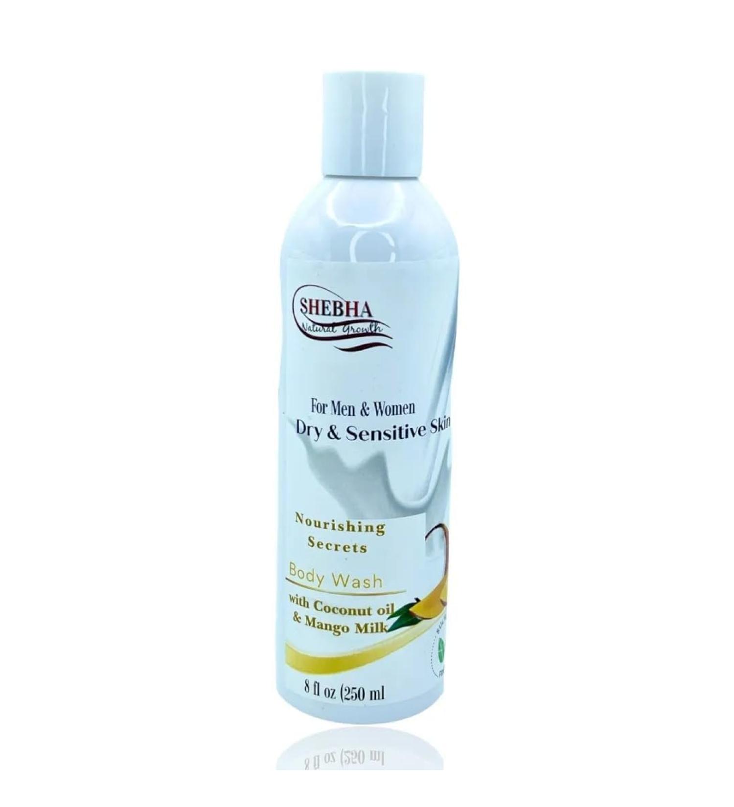 SHEBHA Dry & Sensitive Skin Body Wash for Men and Women | Gentle Hydrating Shower Gel with Coconut Oil and Mango Milk | Moisturizing Cleanser for Daily Use Handmade Nourishing Body Wash - 8 fl oz