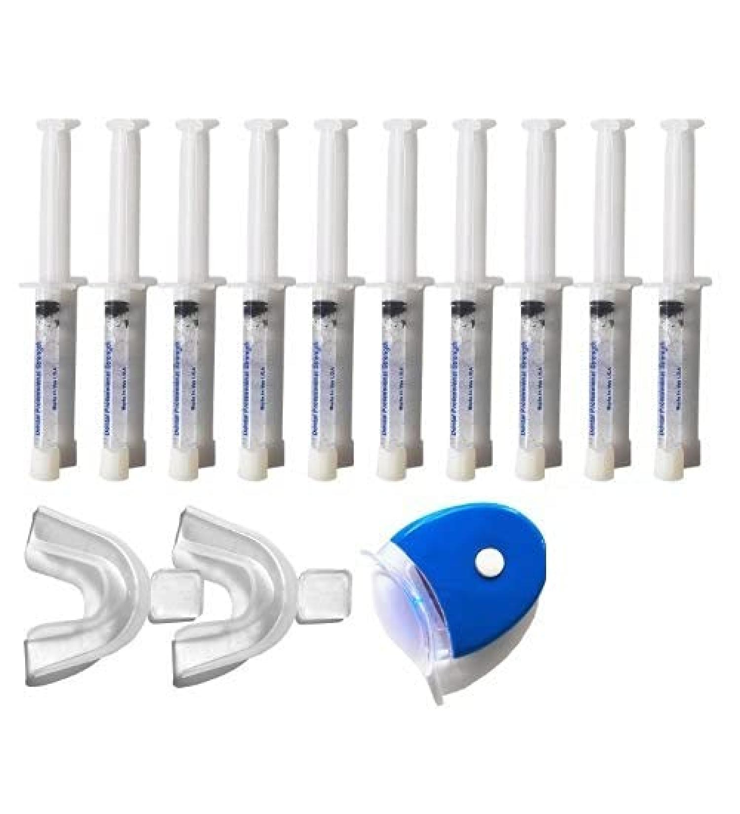 White Teeth Global Branded (TM) 35% Carbamide Peroxide 10 Syringes (10cc) Teeth Whitening Gel - (1) LED Accelerator Light - (2) Trays - (1) Mouth Tray Case - (1) Shade Guide - (1) Instructions Sheet