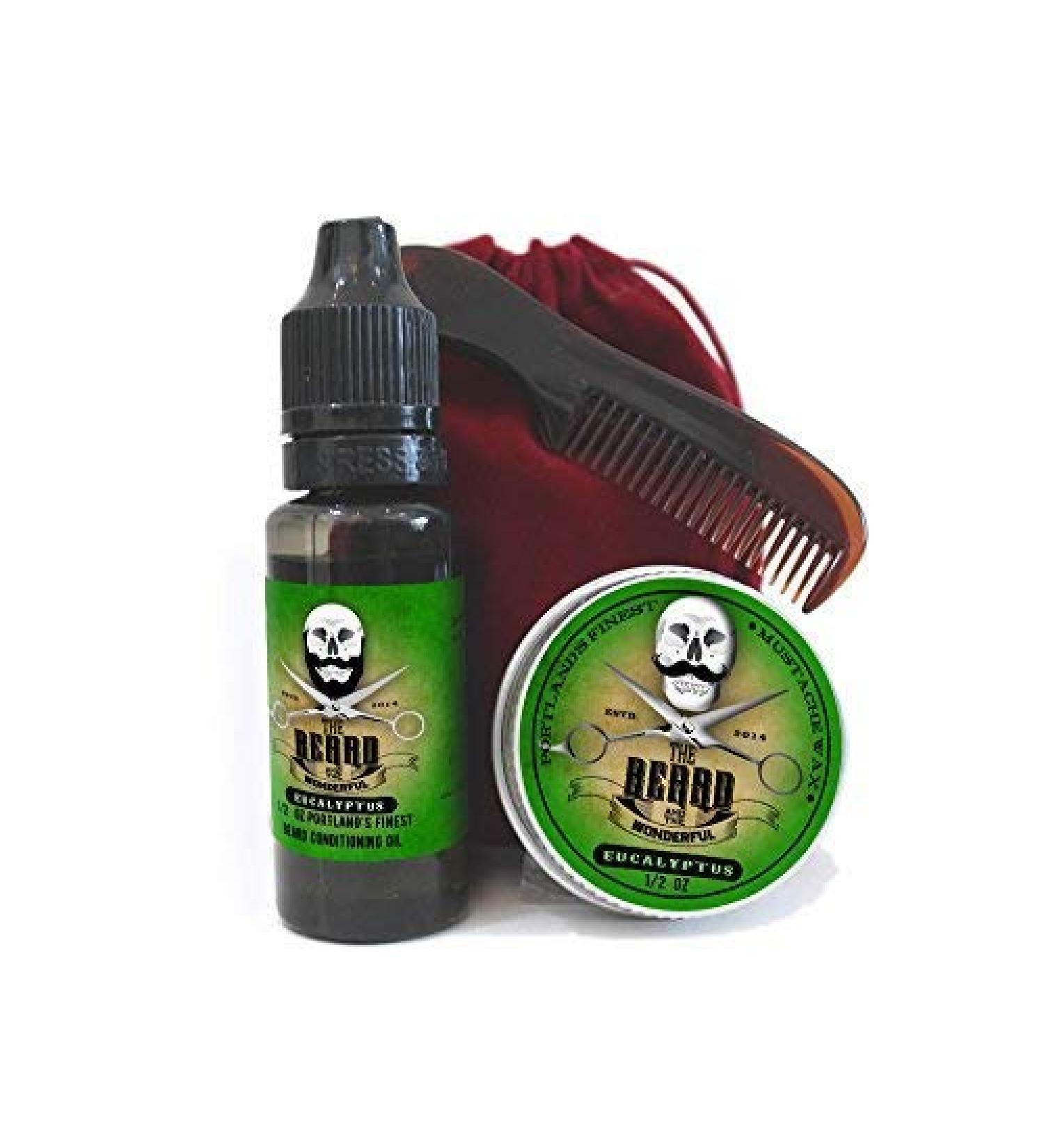Mens Grooming Set: Eucalyptus Fragrance - Moustache Wax, Beard Oil & Comb in Red Velvet Travel Bag - Buy Online on GoSupps.com
