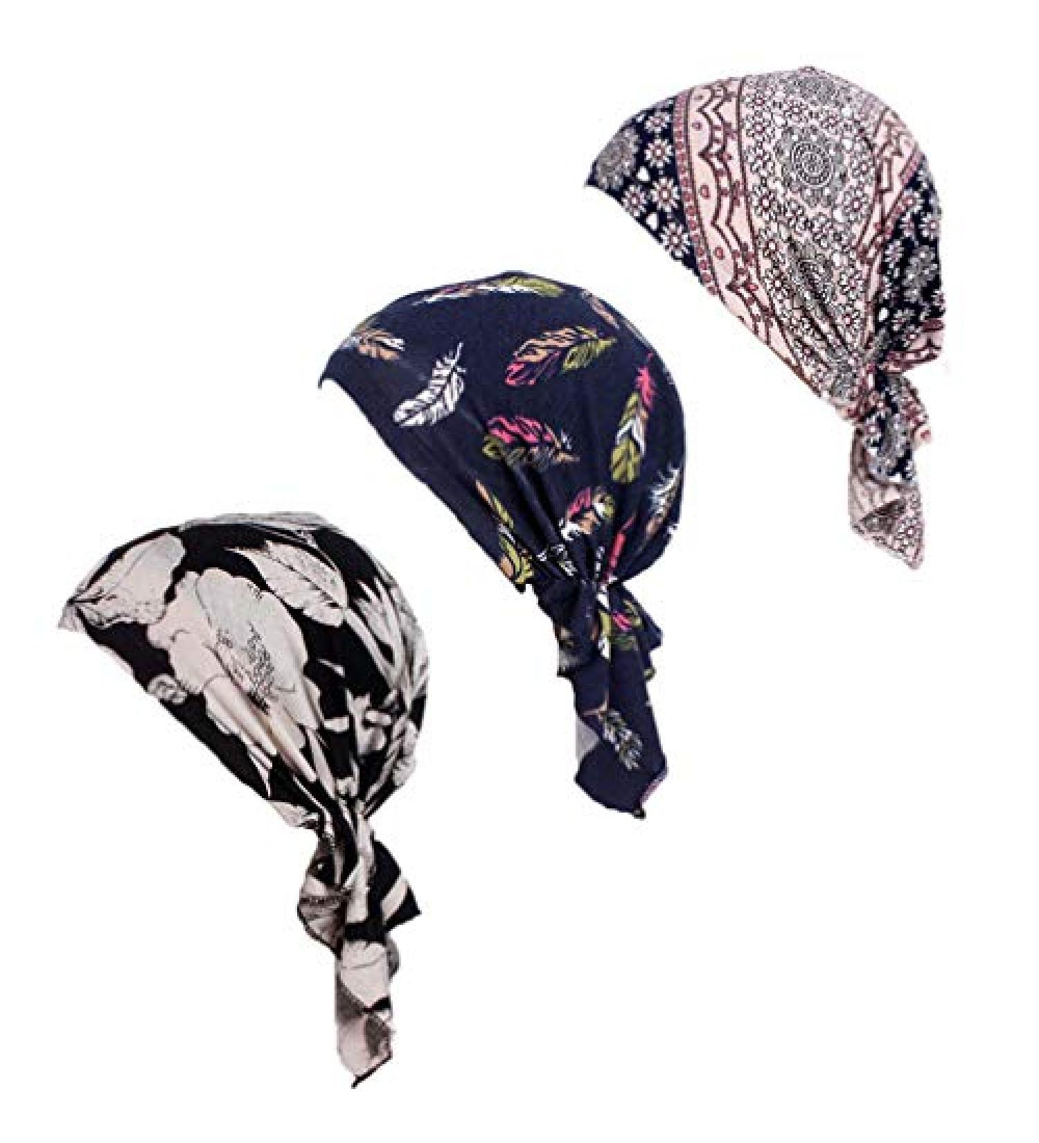 Pre Tied Chemo Head Scarf 3 Pack - Beanie Skull Caps for Women (Set6-Long Style) - Buy Online on GoSupps.com