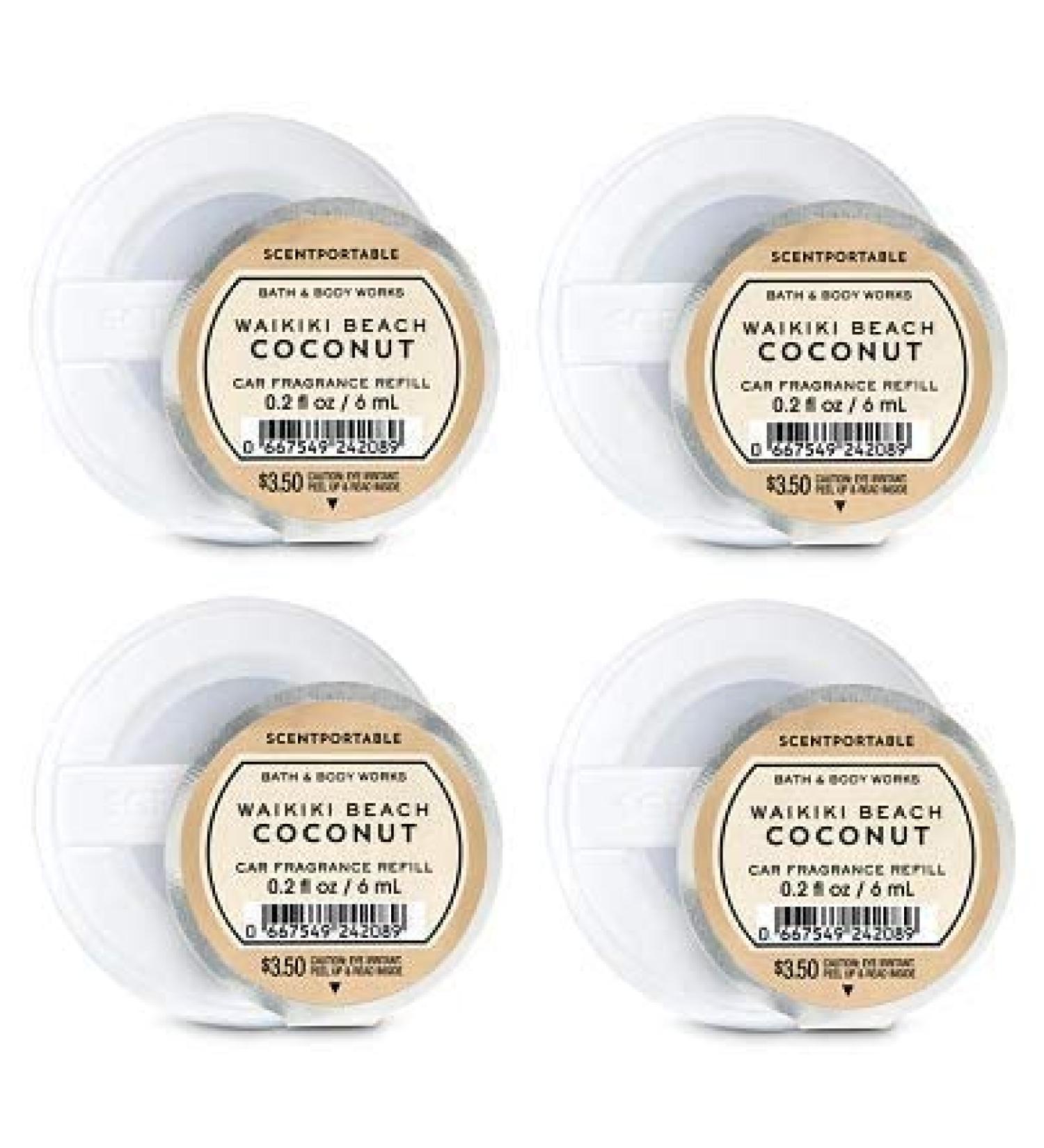 Bath and Body Works 4 Pack Waikiki Beach Coconut Scentportable Fragrance Refill. 0.2 Oz. Coconut 0.2 Fl Oz (Pack of 4)