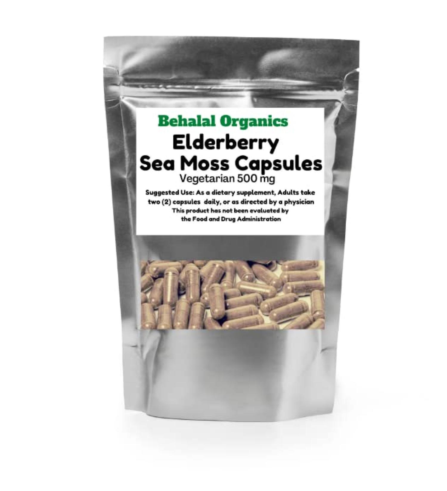 Behalal Organics Elderberry and Sea Moss - 100 Quick Release Capsules - Elderberries with Wildcrafted Sea Moss Vegan Capsules - Antioxidants - Supplement