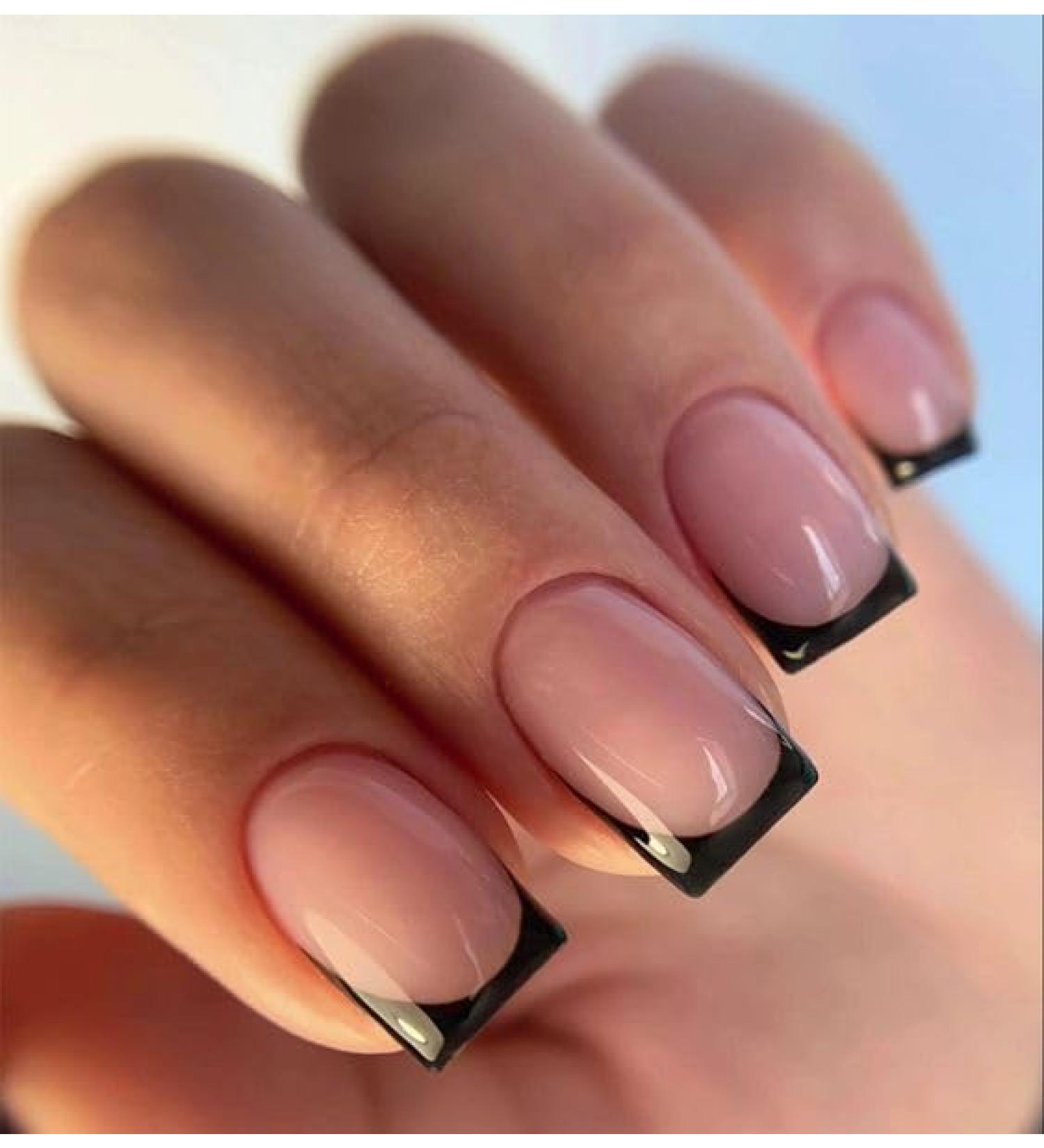 Mouyouglow Press On Nails - Square Nude Black French Fake Nails with Glue - AR11 - Shop Stylish Artificial Fingernails Worldwide - Buy Online on GoSupps.com