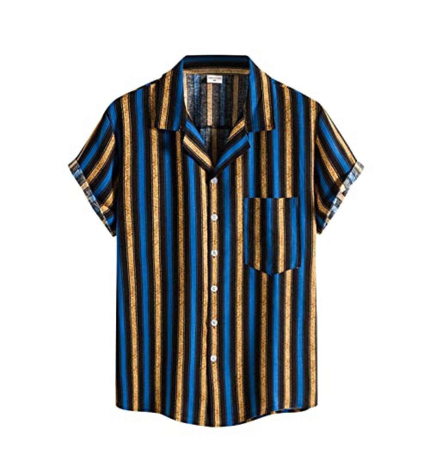 BEUU 2022 Men's Summer Vertical Striped T-Shirt - Blue Large | Button Down Slim Fit Casual Shirt - Buy Online on GoSupps.com