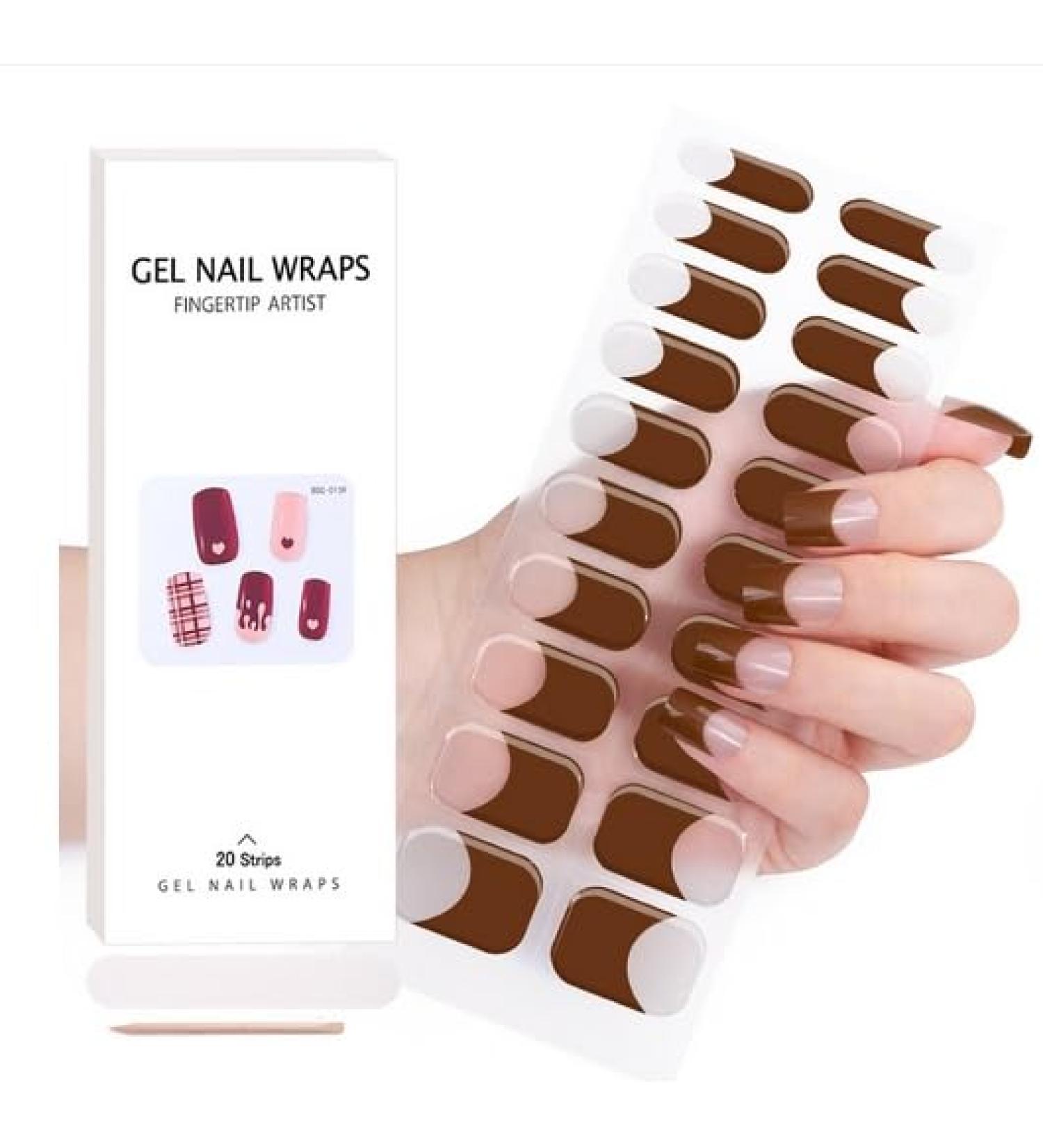 Semi Cured Gel Nails Strips - Nude Pink Gel Nail Stickers Nail Wraps Soft Self-Adhesive Gel Nail Strips for Nails French Tip (Dark Brown-French - BSS-0237)