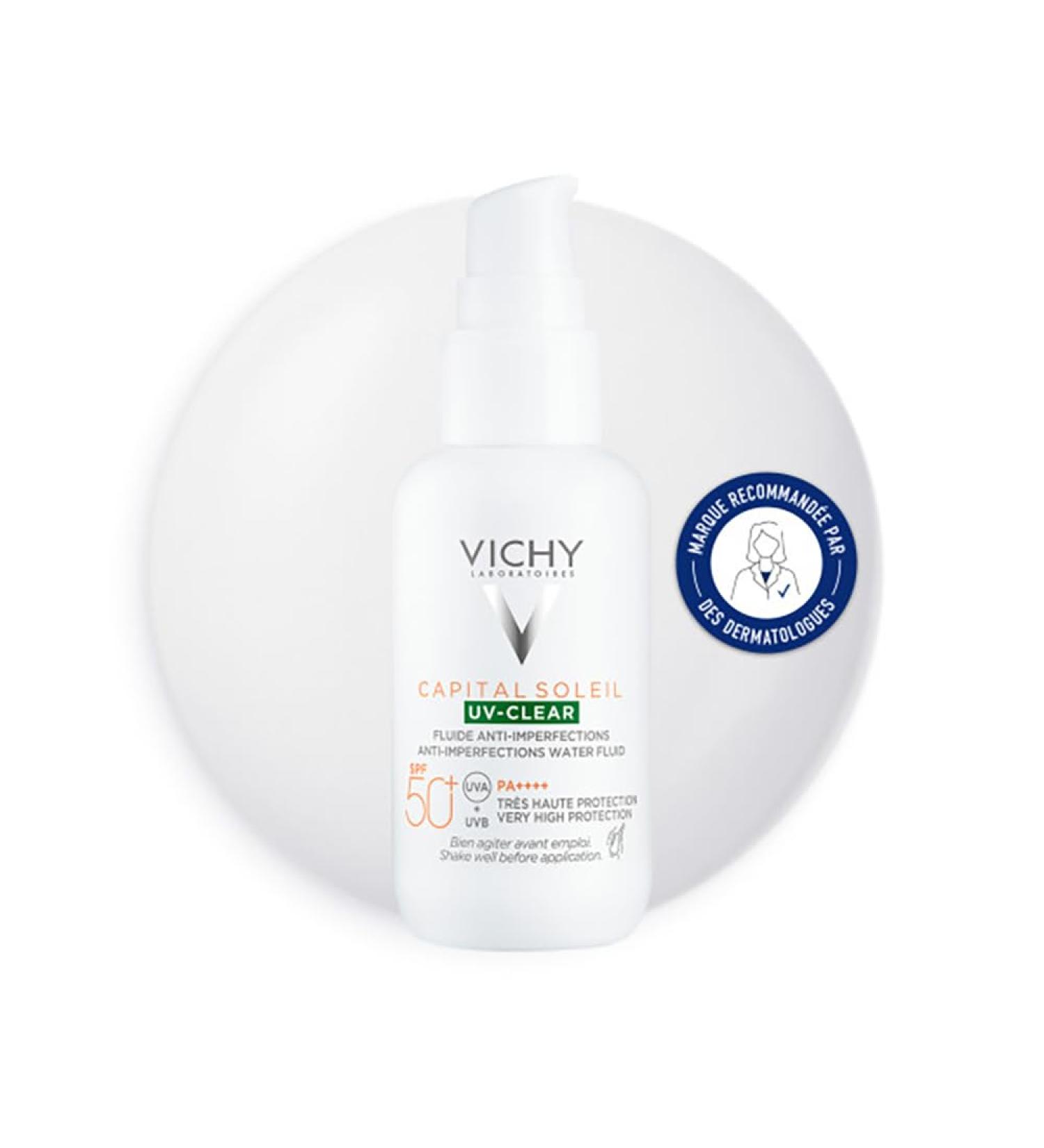 Vichy Capital Soleil UV Clear Fluide Anti-Imperfections Visage SPF50+ Corrige & Prot ge Enrichi en Acide Salicylique Probiotiques et Niacinamide Pour Peaux Mixtes Grasses 40 ml Capital Soleil UV Clear Fluide Anti-Imperfections Visage 40 ml (Lot de 1) - Buy Online on GoSupps.com