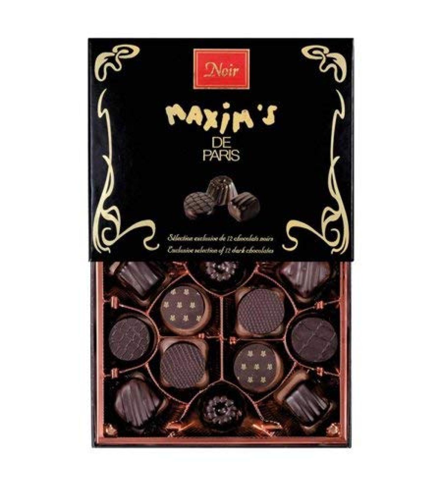 Maxim's de Paris Fine Imported Chocolate | 12pc 120g Gift Box Assortment of Dark Chocolates from France.