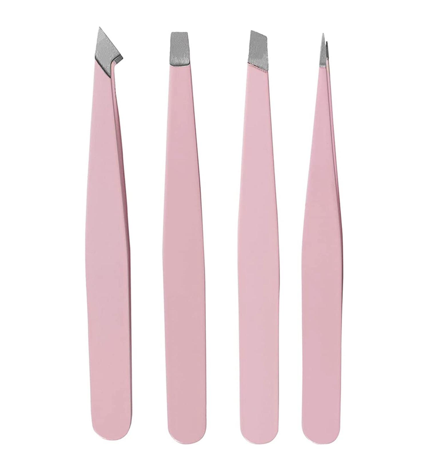 BRIODY 4-Piece Eyebrow Tweezers-Various Pointed and Angled Tweezers-with Leather Effect Protective Sleeve Pink - Buy Online on GoSupps.com