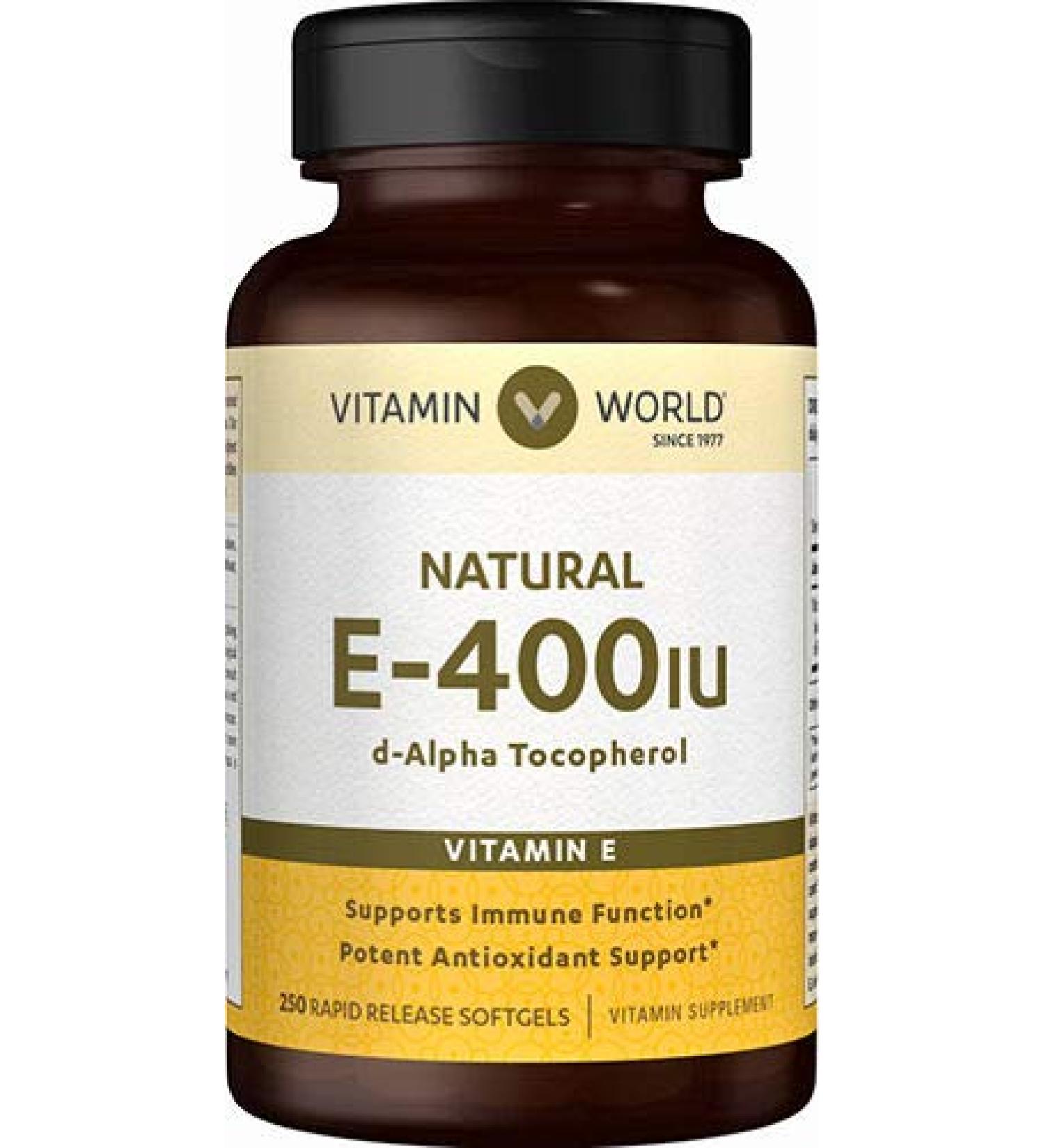 Vitamin World Natural Vitamin E 400IU Softgels - Immune & Antioxidant Support | Gluten Free, 250 count - Buy Online on GoSupps.com