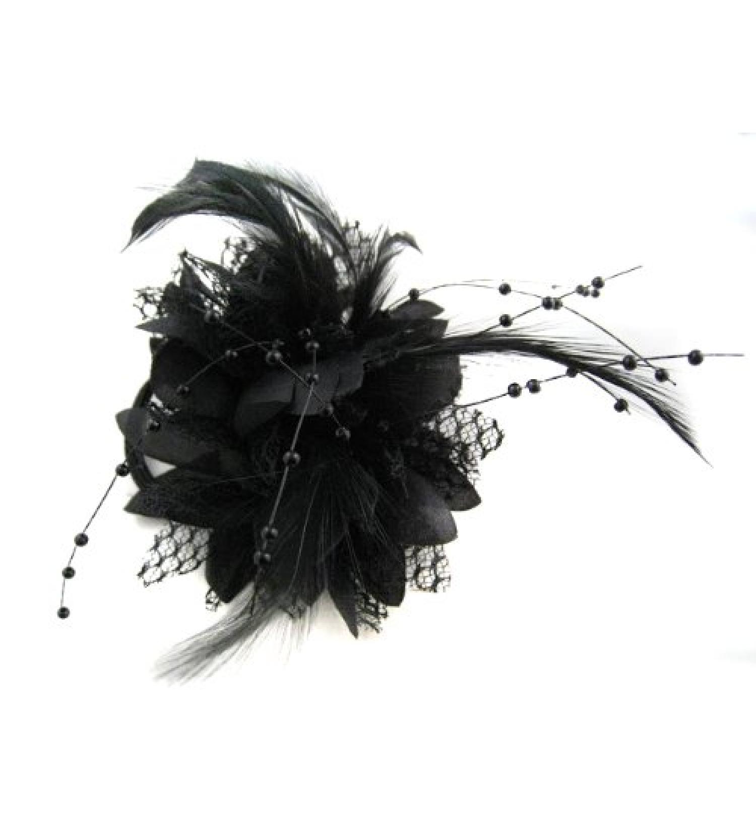 Flower Feather Bead Corsage Hair Clips Fascinator Hairband and Pin (Black)