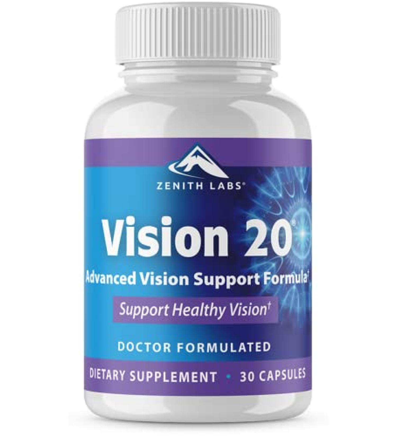 Vision 20 by Zenith Labs - Clinically Proven Lutein & Zeaxanthin with Zinc Citrate for Enhanced Eye Health - Support Eyesight at All Distances & Lighting Conditions - Buy Online on GoSupps.com