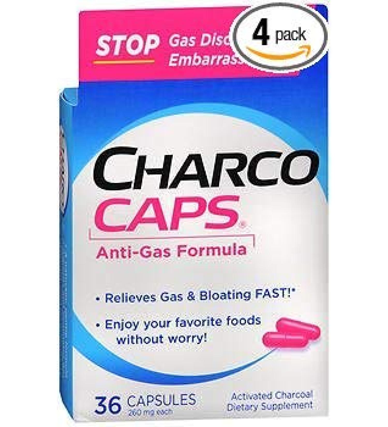 CharcoCaps Activated Charcoal Capsules - 36 Capsules Pack of 4