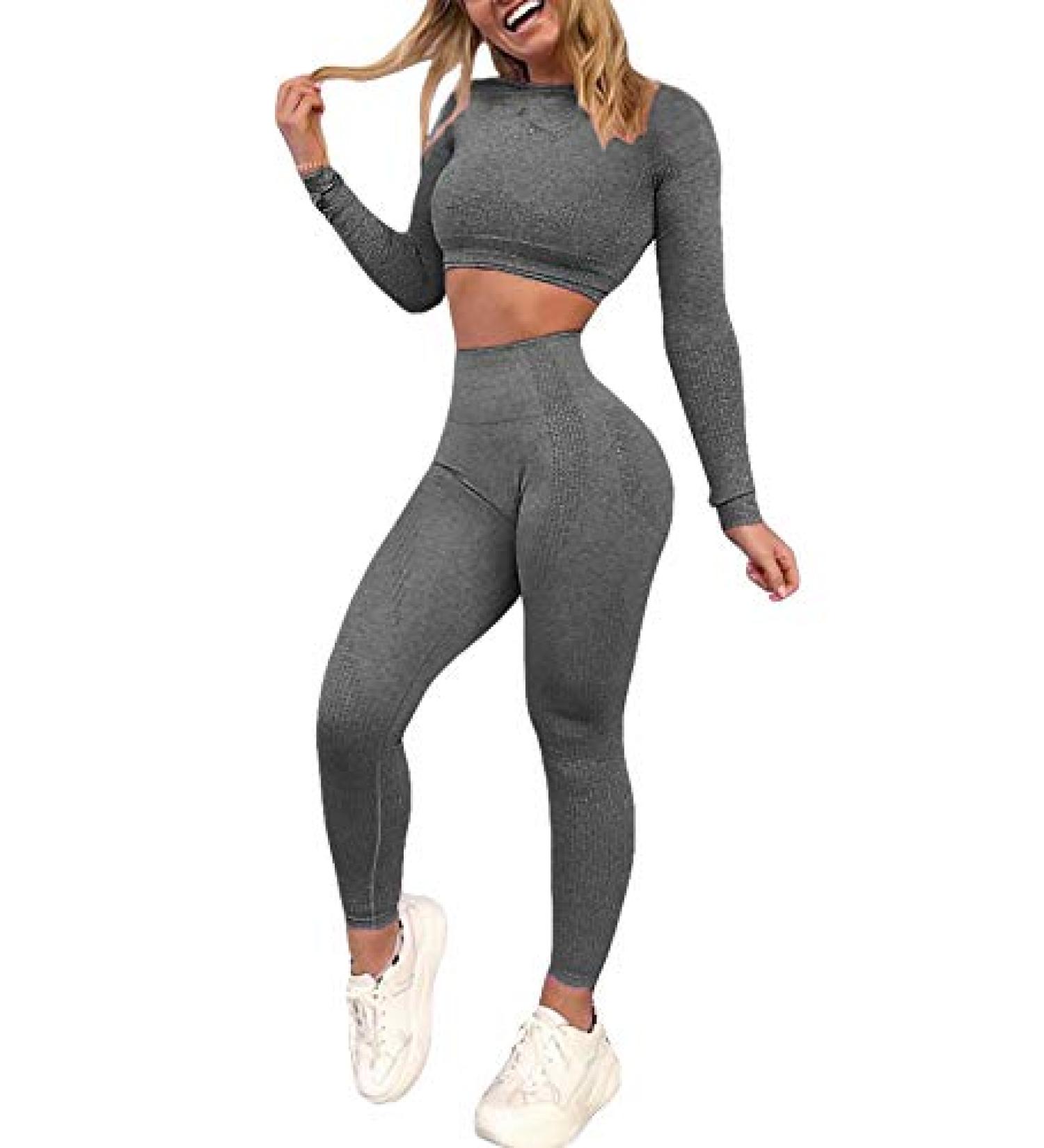 YOFIT Women's Seamless High Waist Yoga Leggings & Crop Top Set - Grey - Buy Online on GoSupps.com