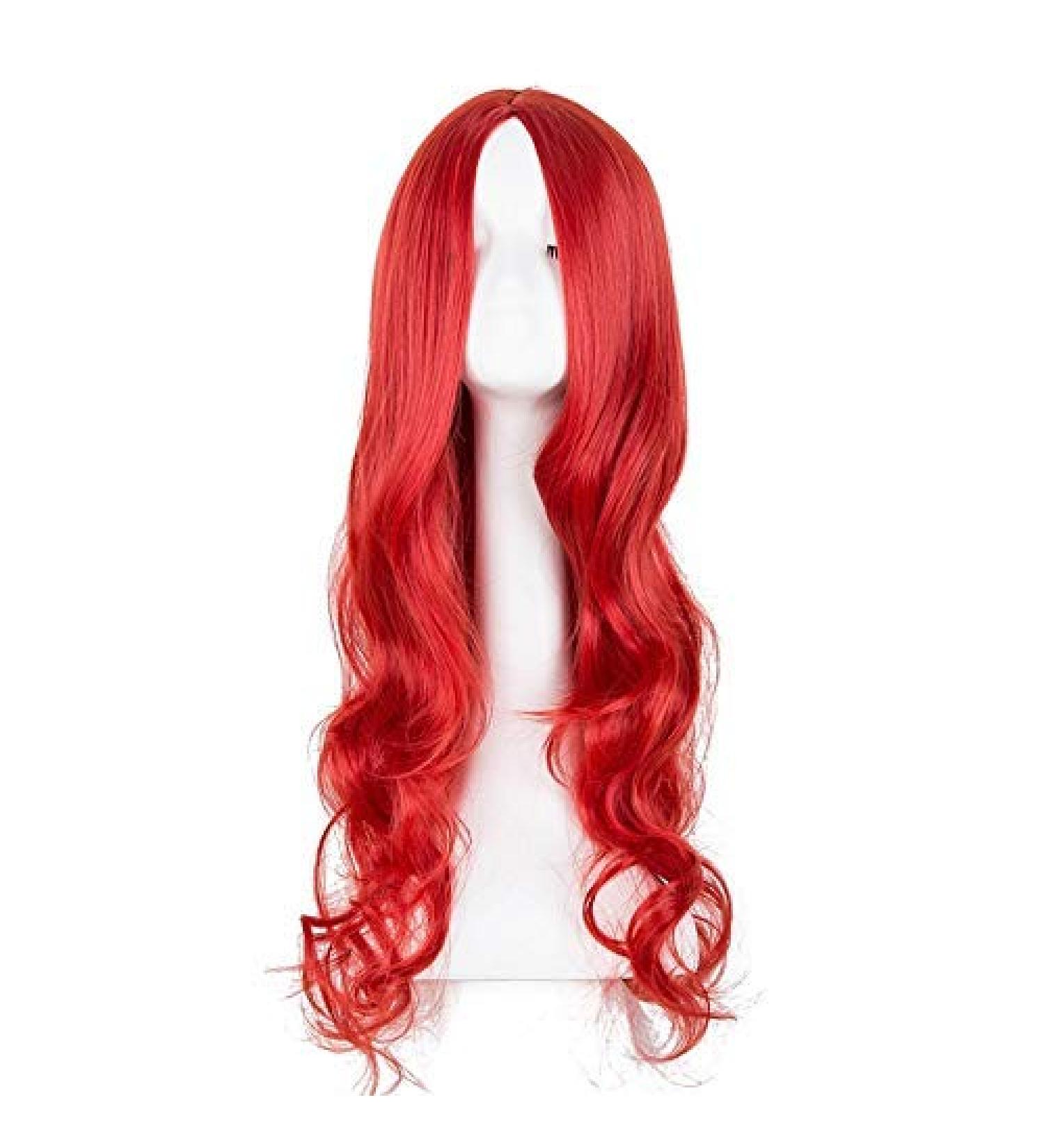 LFMDJF Dark Brown Wigs Synthetic Heat Resistant Fiber Long Curly Middle Part Line Hair Women Female Party Hairpiece 26inches Bug Red