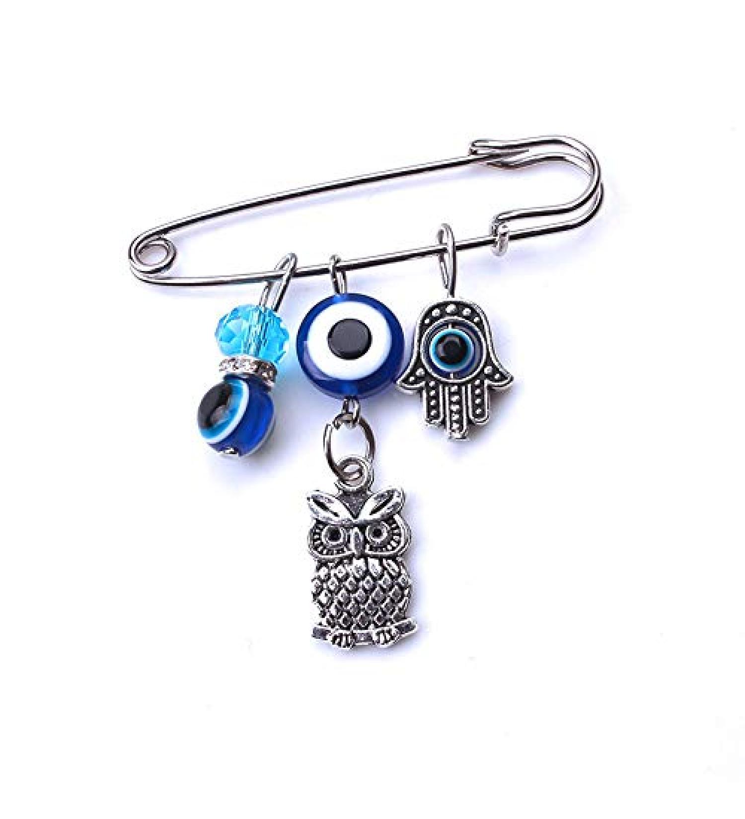 Blue & Silver Evil Eye Hamsa Stroller Pin with Owl - Baby Good Luck Charm - Buy Online on GoSupps.com