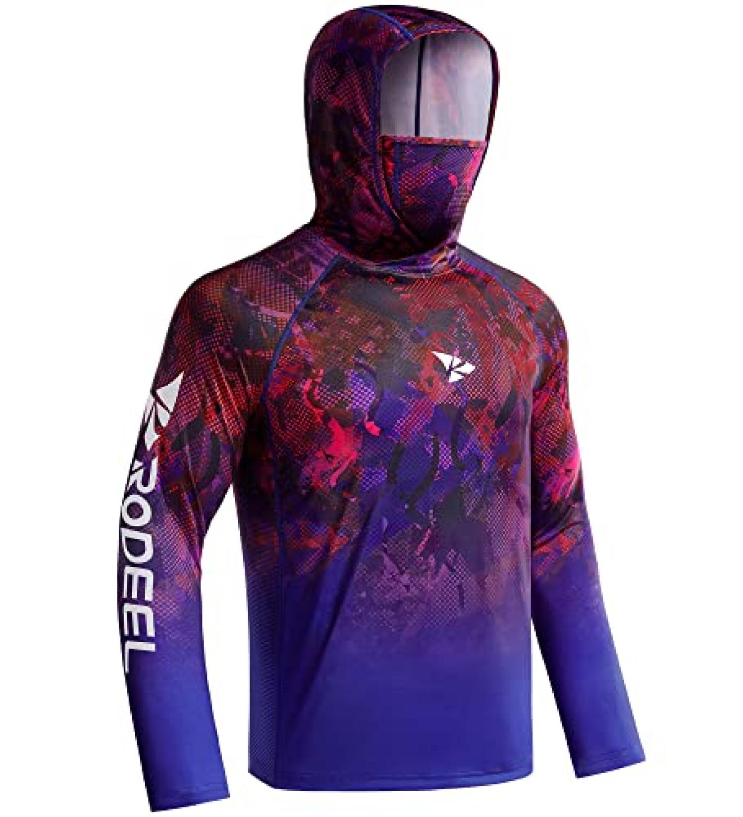 Rodeel UPF 50+ Men's Long Sleeve Performance Fishing Hiking Shirt with UV Neck Gaiter Hoodie - Blue Large - Buy Online on GoSupps.com