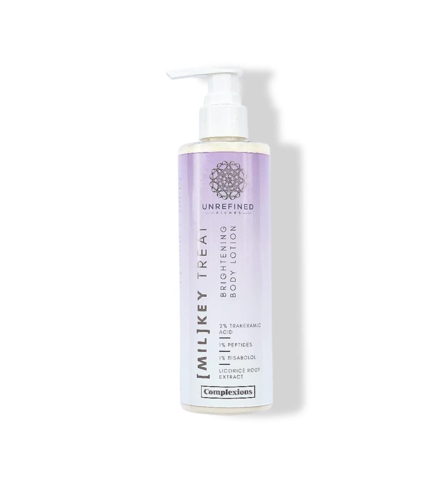 UNREFINED RICHES MIL KEY TREAT Brightening Body Lotion - 250 ml - Lotion with Tranexamic Acid and Kojic Acid Peptides and Bisabolol - For Pigment Spots and Pimples - Buy Online on GoSupps.com
