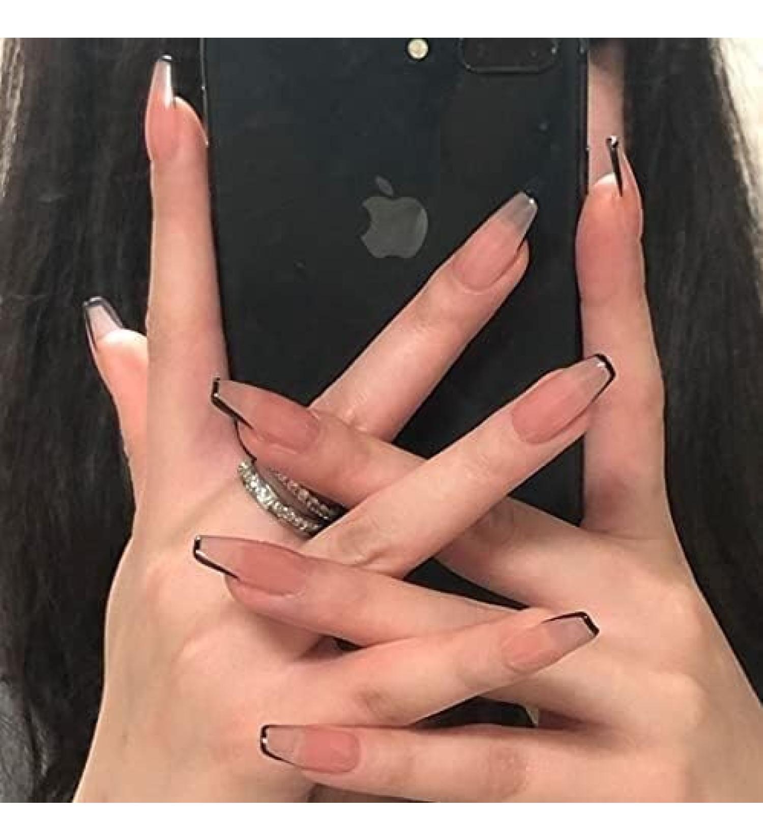 Coffin False Nails Long Fake Nails Pink Natural Press on Nails Ballerina Stick on Nails 24pcs for Women and Girls with solid glue nail lamp 1 count (Pack of 1) Pink