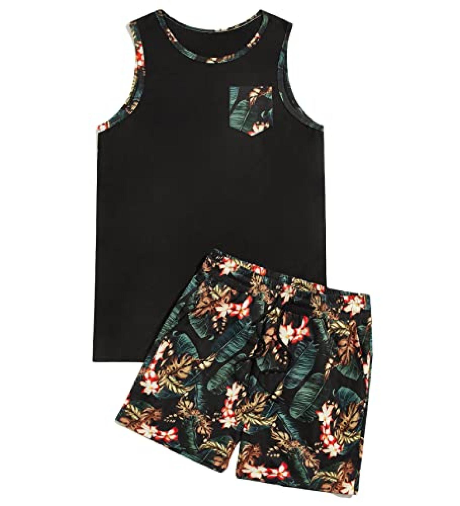 GORGitter Men's Floral Print 2-Piece Set: Tank Top & Elastic Waist Shorts | Black Floral - Medium - Buy Online on GoSupps.com