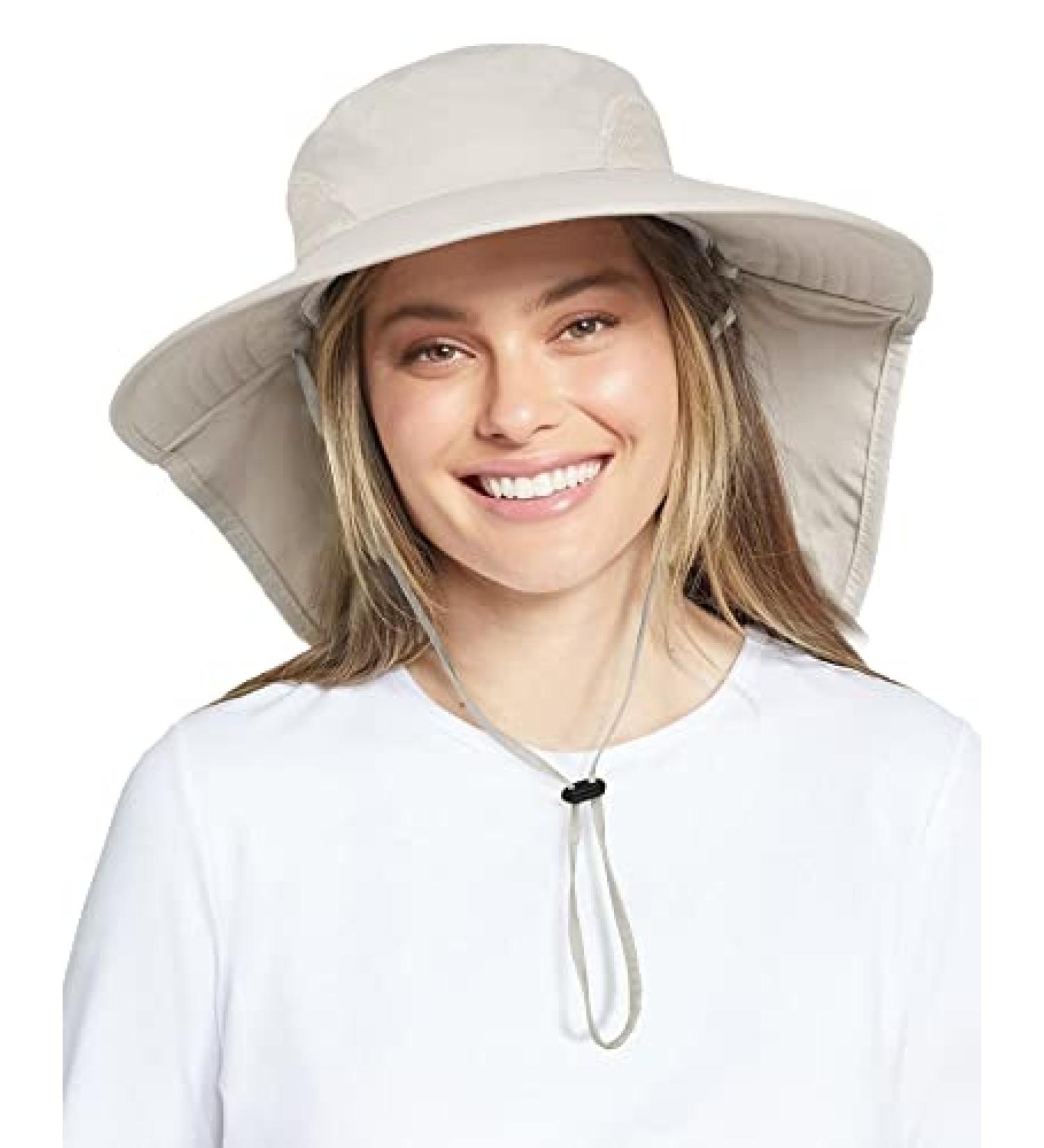 UPF 50+ Waterproof Nylon Hiking/Fishing Hat | Women's/Men's Sun Protection Wide Brim Hat with Neck Flap - Beige - Buy Online on GoSupps.com