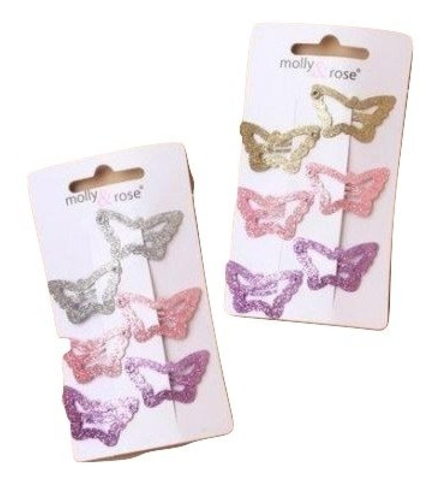 Ladies Girls Womens Kids Card of 6 Pink Silver Gold Glitter Butterfly Sleepies Hair Grips Clips