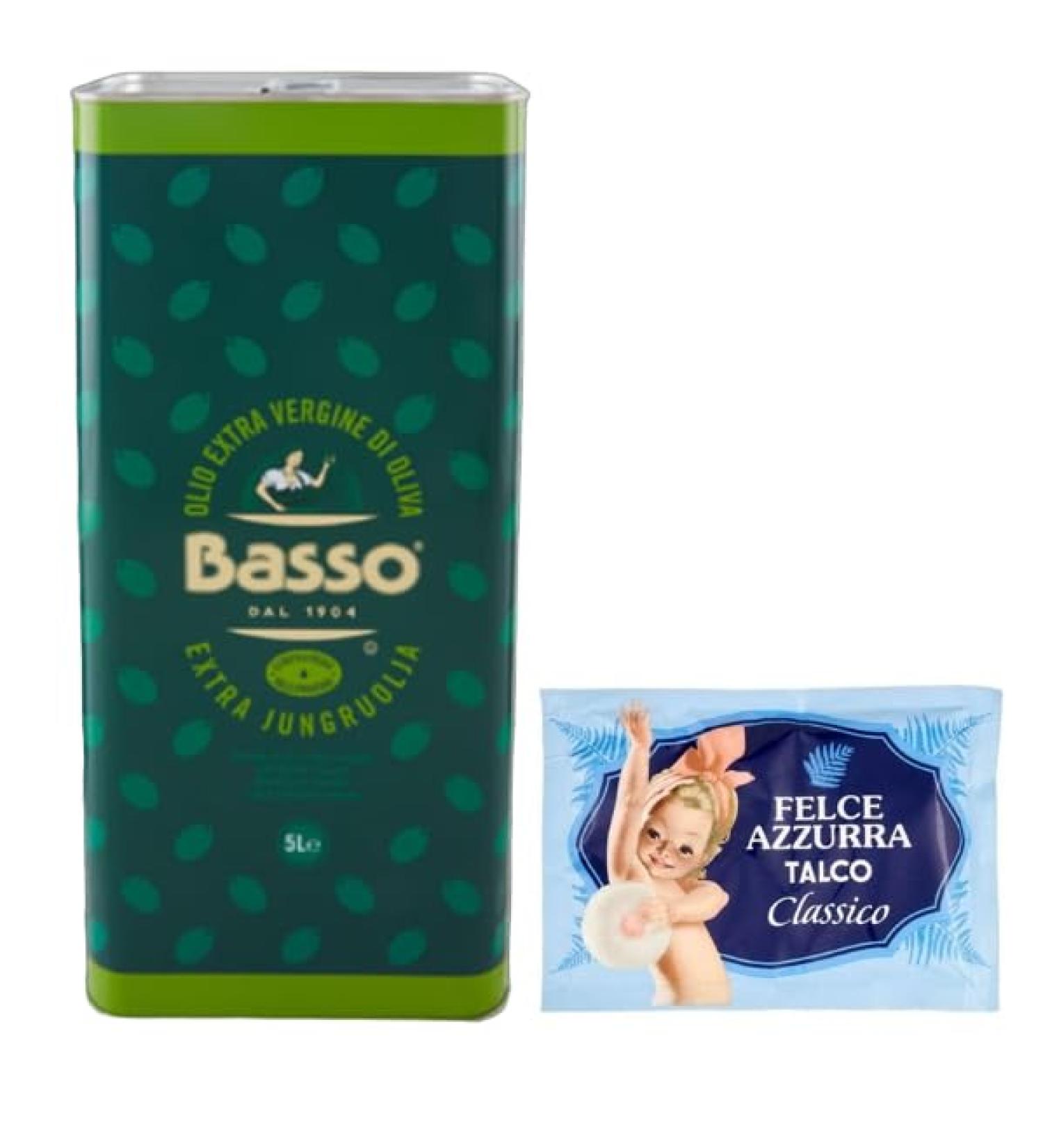 Basso Olio Extra Vergine di Oliva extra virgin olive oil ideal for all applications in the kitchen 5 liter box + 1 free Felce Azzurra talc bag 100 g bag - Buy Online on GoSupps.com