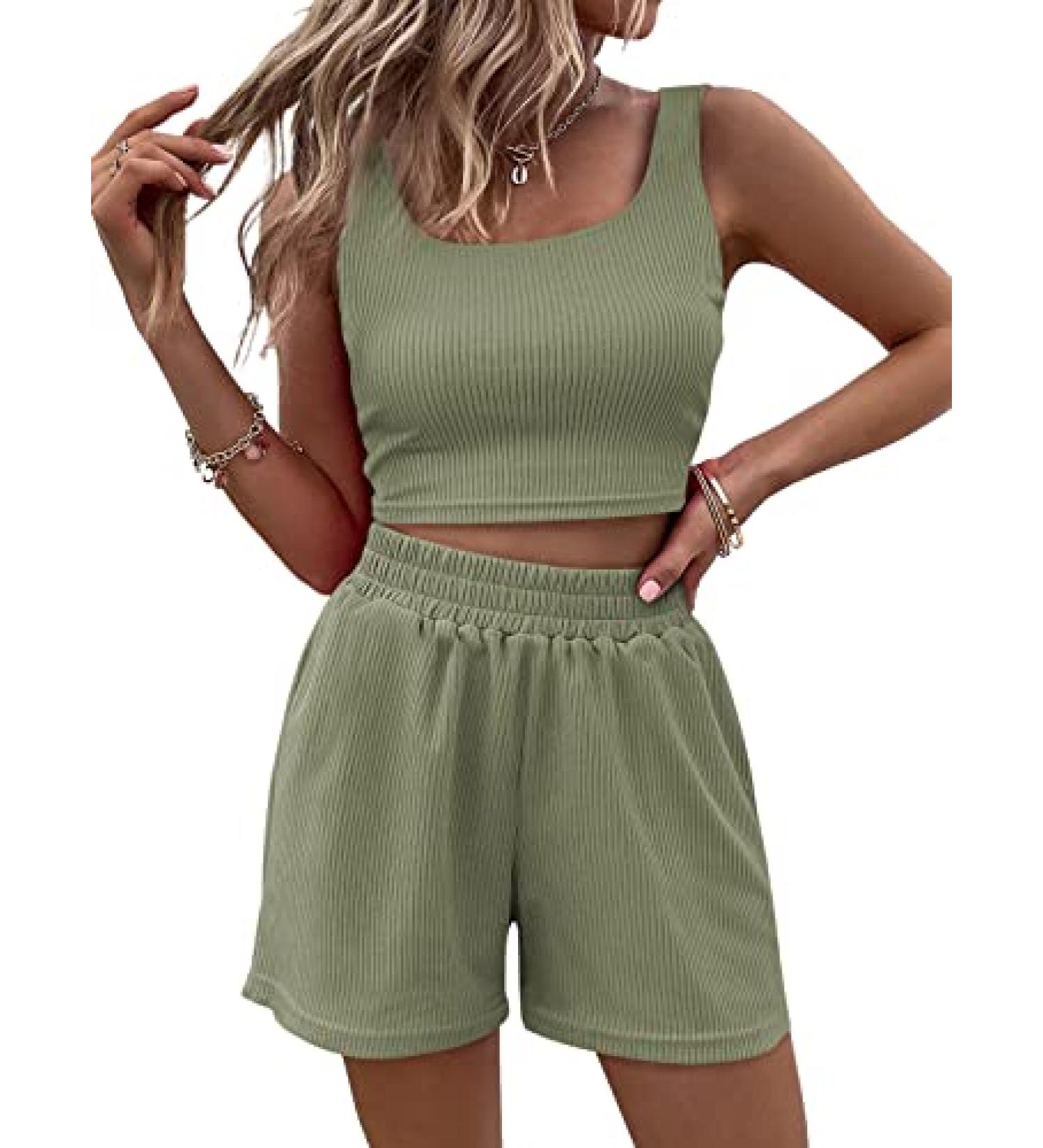 Green Medium Trendy Queen Two Piece Outfit | Sleeveless Crop Top & High Waisted Shorts Set - Buy Online on GoSupps.com