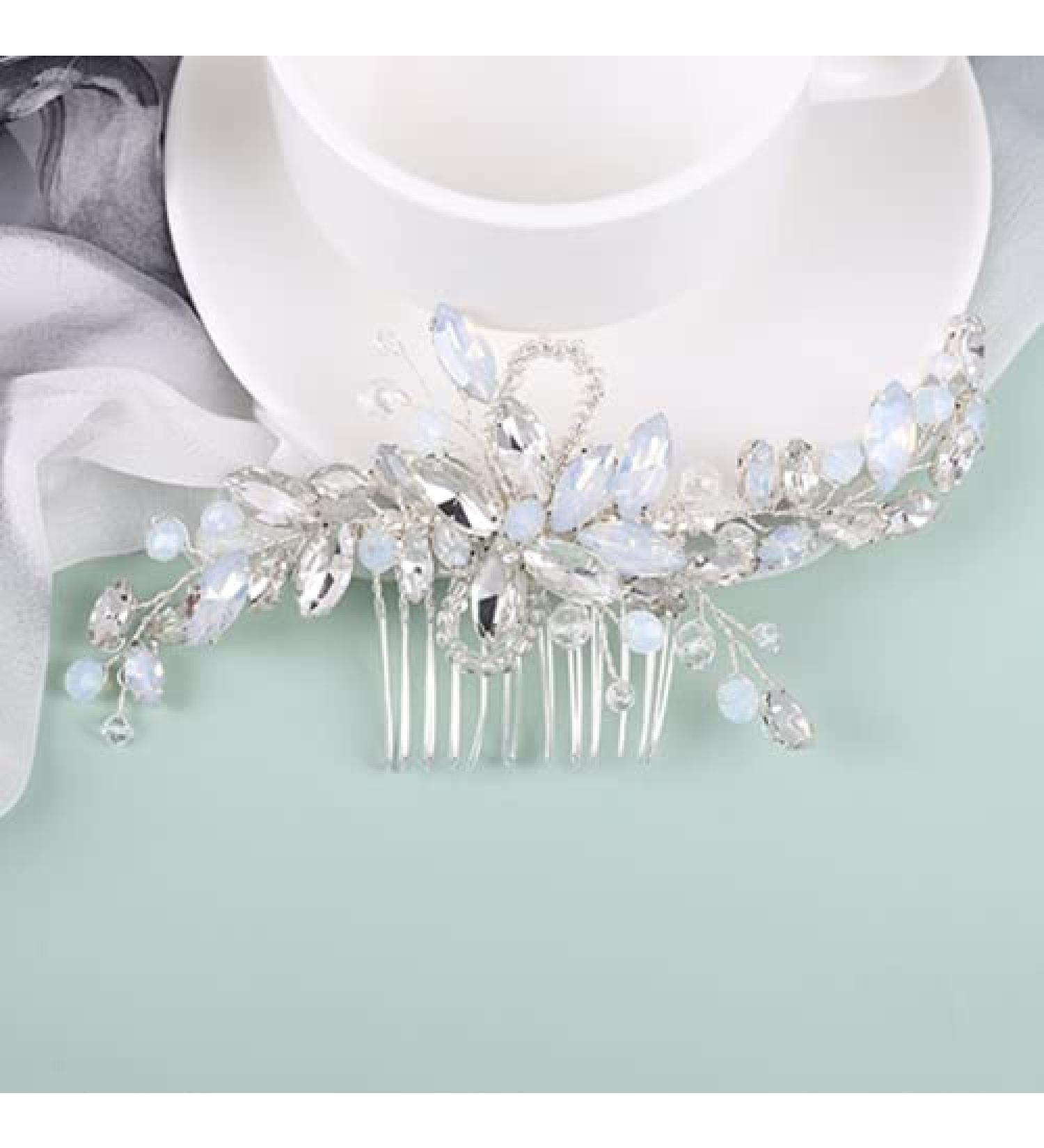 Wedding Hair Comb Silver Blue Rhinestones Opal Crystal Vintage Bridal Clips Hairpiece Handband Accessories for Brides Flower Girl Bridal Hair Pieces - Buy Online on GoSupps.com