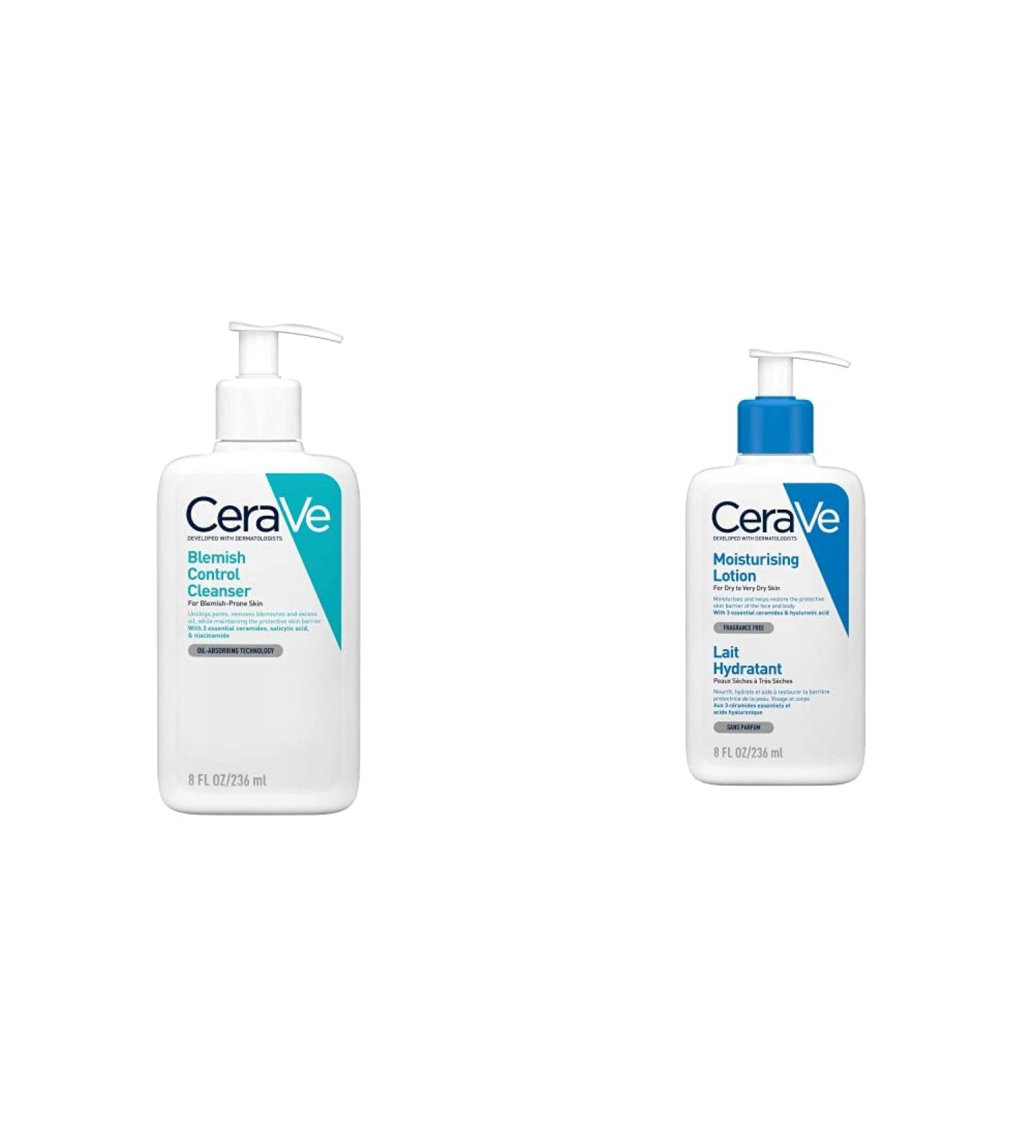 CeraVe Blemish Control Face Cleanser with 2% Salicylic Acid & Niacinamide for Blemish-Prone Skin & Moisturising Lotion with hyaluronic acid and 3 essential ceramides Daily Face & Body Moisturiser + Moisturising Lotion - Buy Online on GoSupps.com