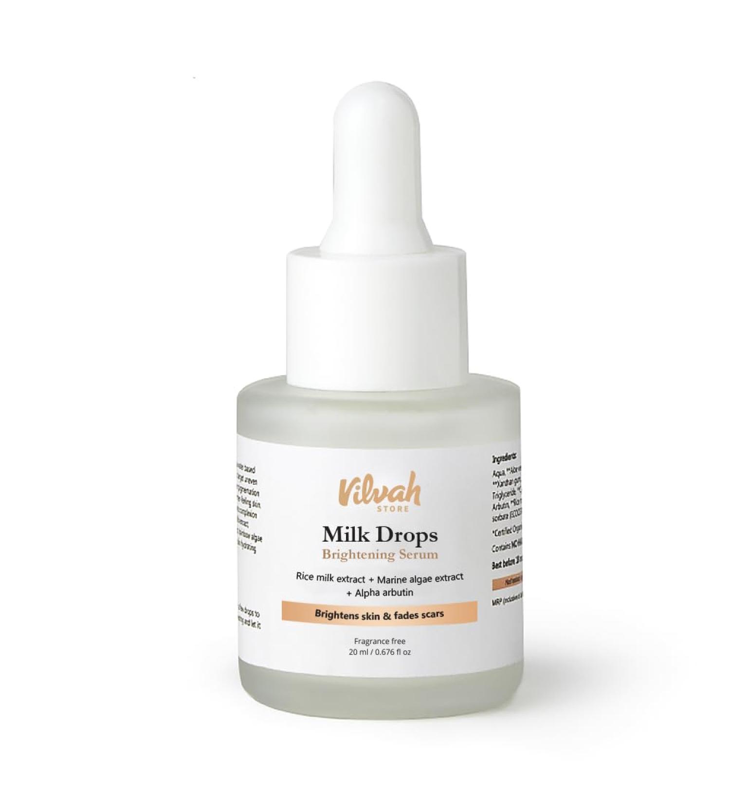 Vilvah Store Milk Drops Brightening Serum - Fades Scars & Evens Skin Tone with Rice Milk & Marine Algae - 0.67 fl oz - Buy Online on GoSupps.com