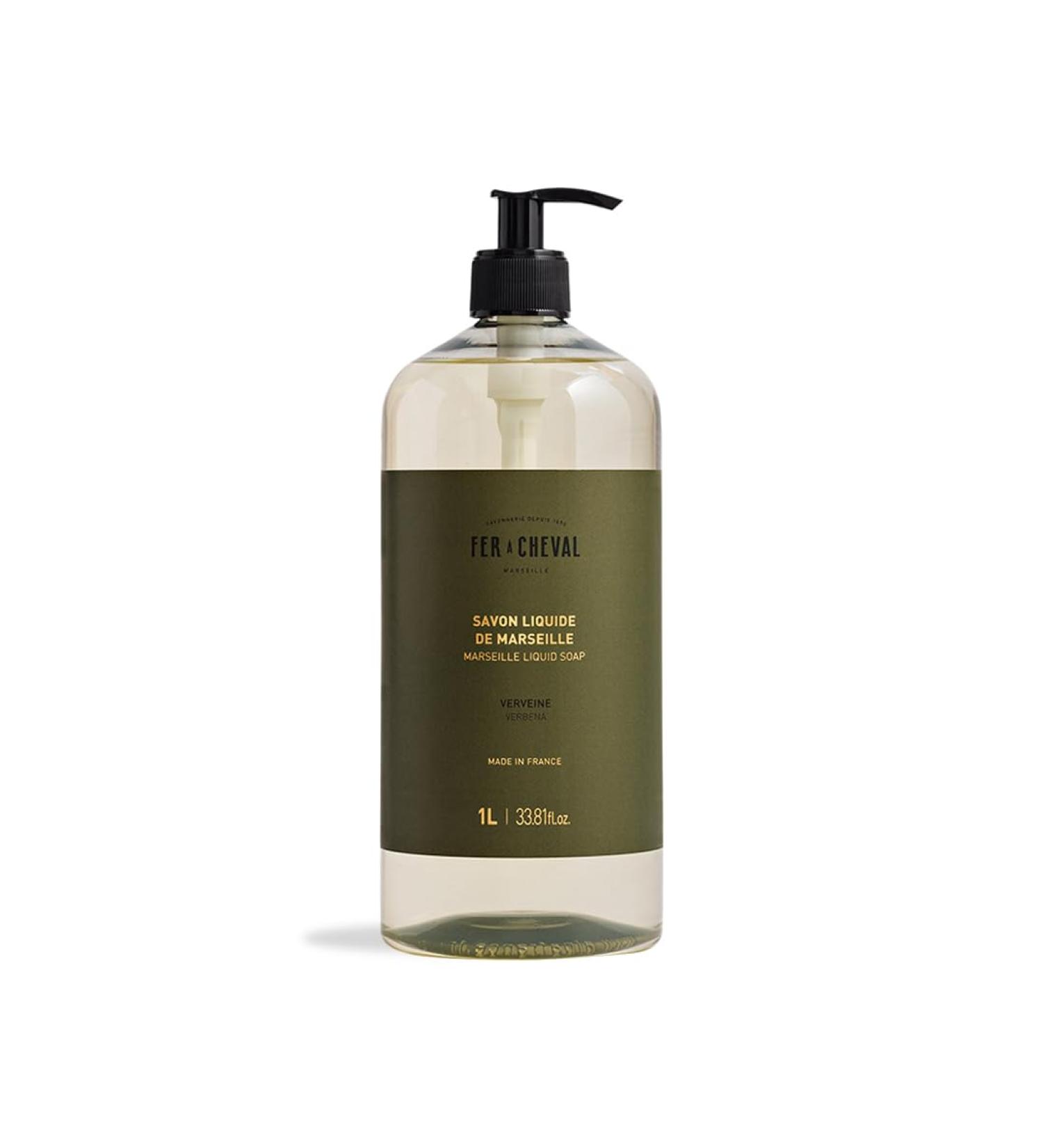 Fer a Cheval Marseille Liquid Soap Verbena 1 L / 33.8 fl oz Gentle French Hand and Body Wash with Shea Butter Fresh Citrus Scent Verbena 1L - Buy Online on GoSupps.com