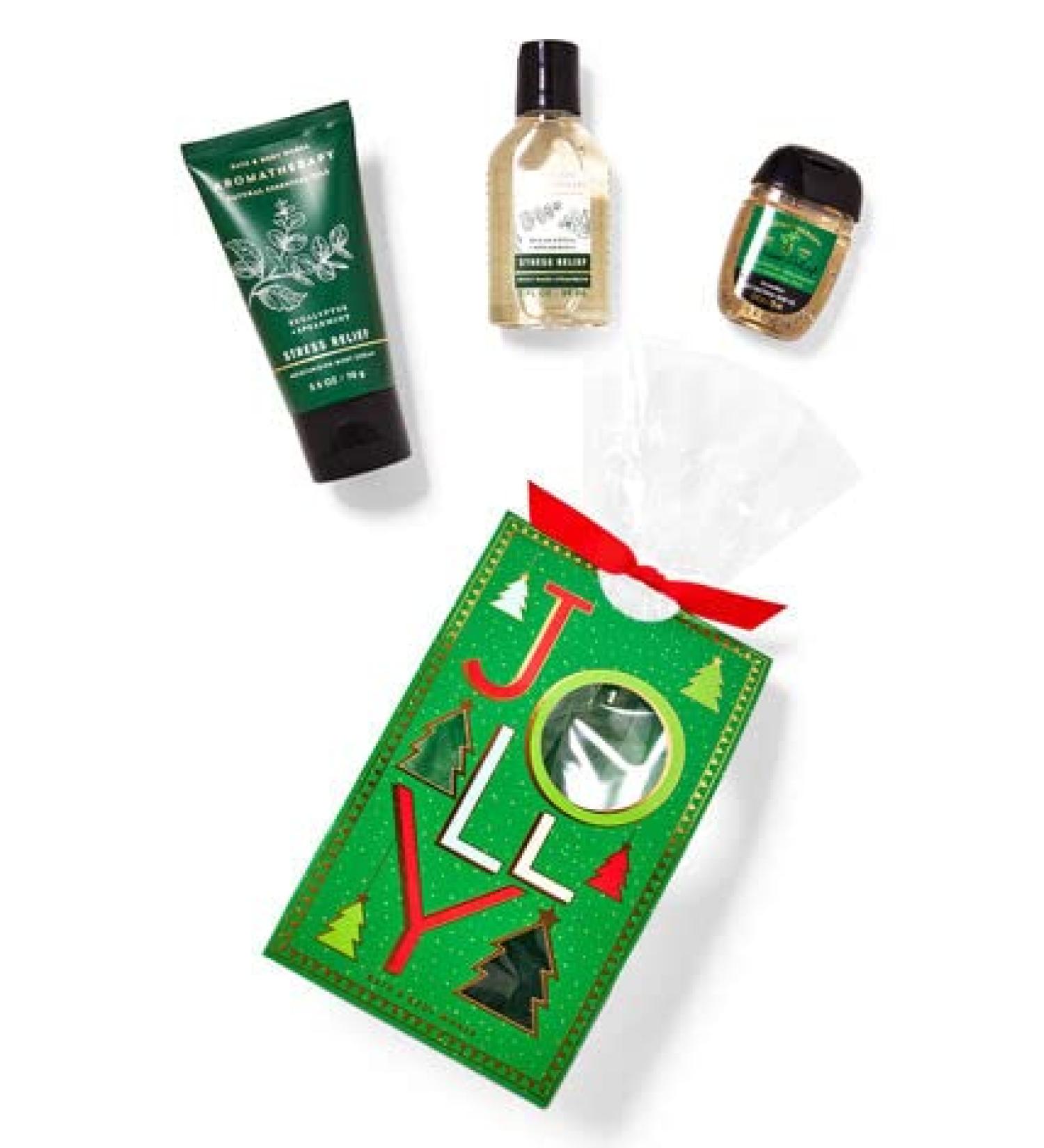 Bath & Body Works EUCALYPTUS SPEARMINT Mini Gift Set Travel Size Body Cream - Body Wash and Foam Bath and a Hand Sanitizer arranged in cello with a decorative wraparound