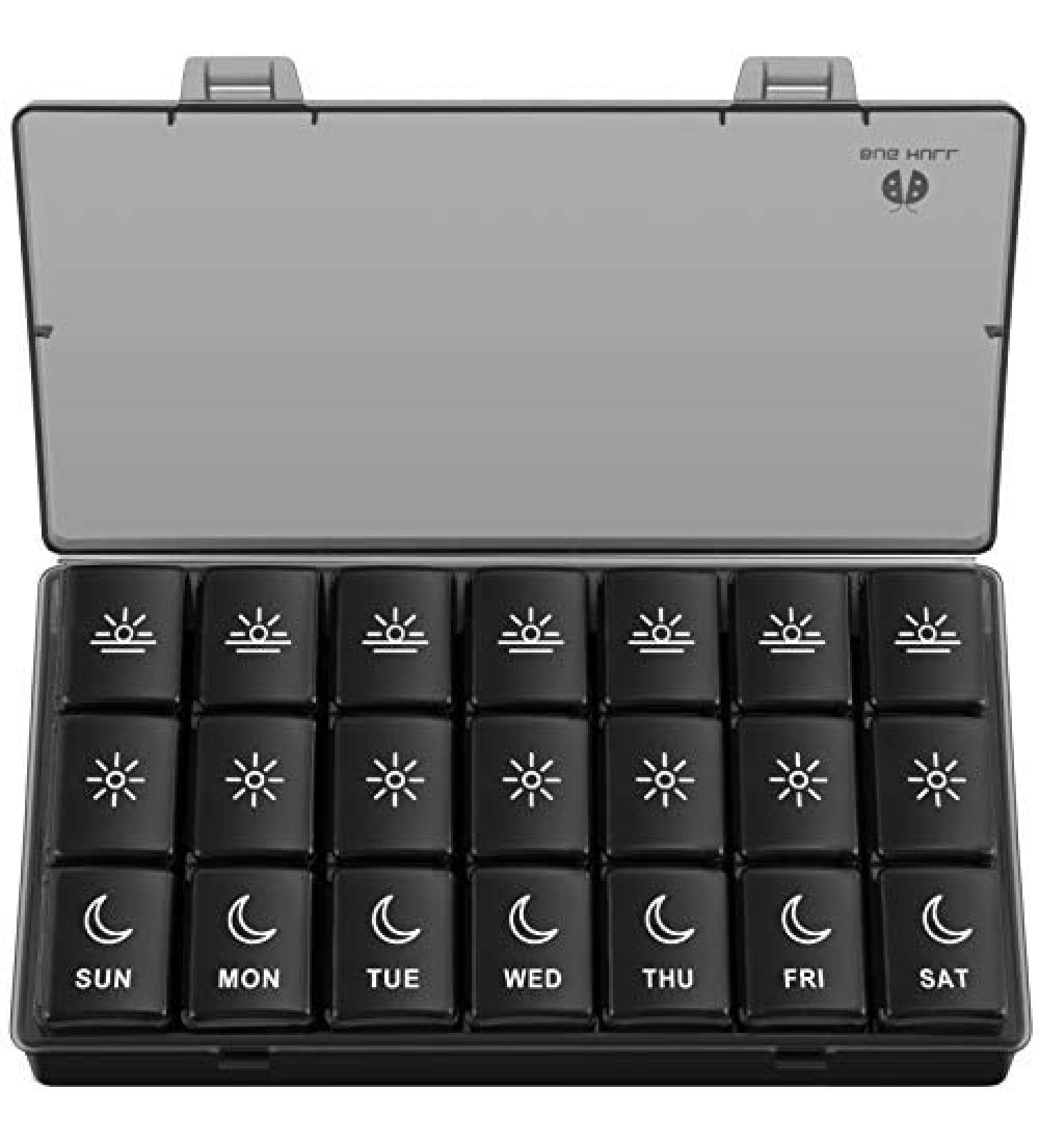 BUG HULL Weekly Pill Organizer 3 Times a Day - Portable 7 Day Pill Box for Vitamins & Supplements - Moisture-Proof Travel Pill Container - Black - Buy Online on GoSupps.com