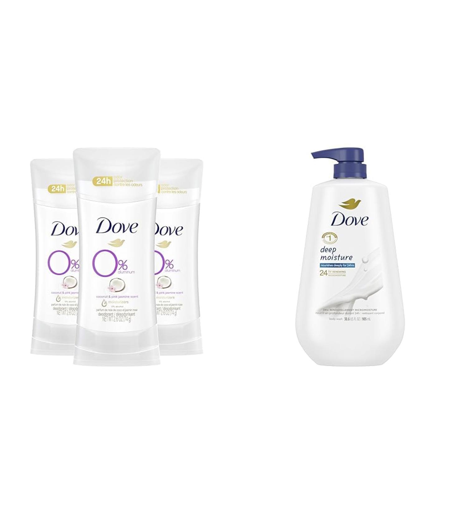 Dove Aluminum Free Deodorant for Women 24-Hour Odor Protection Coconut and Pink Jasmine White 2.6 Ounce (Pack of 3) & Body Wash with Pump Deep Moisture For Dry Skin Moisturizing Skin Cleanser - Buy Online on GoSupps.com