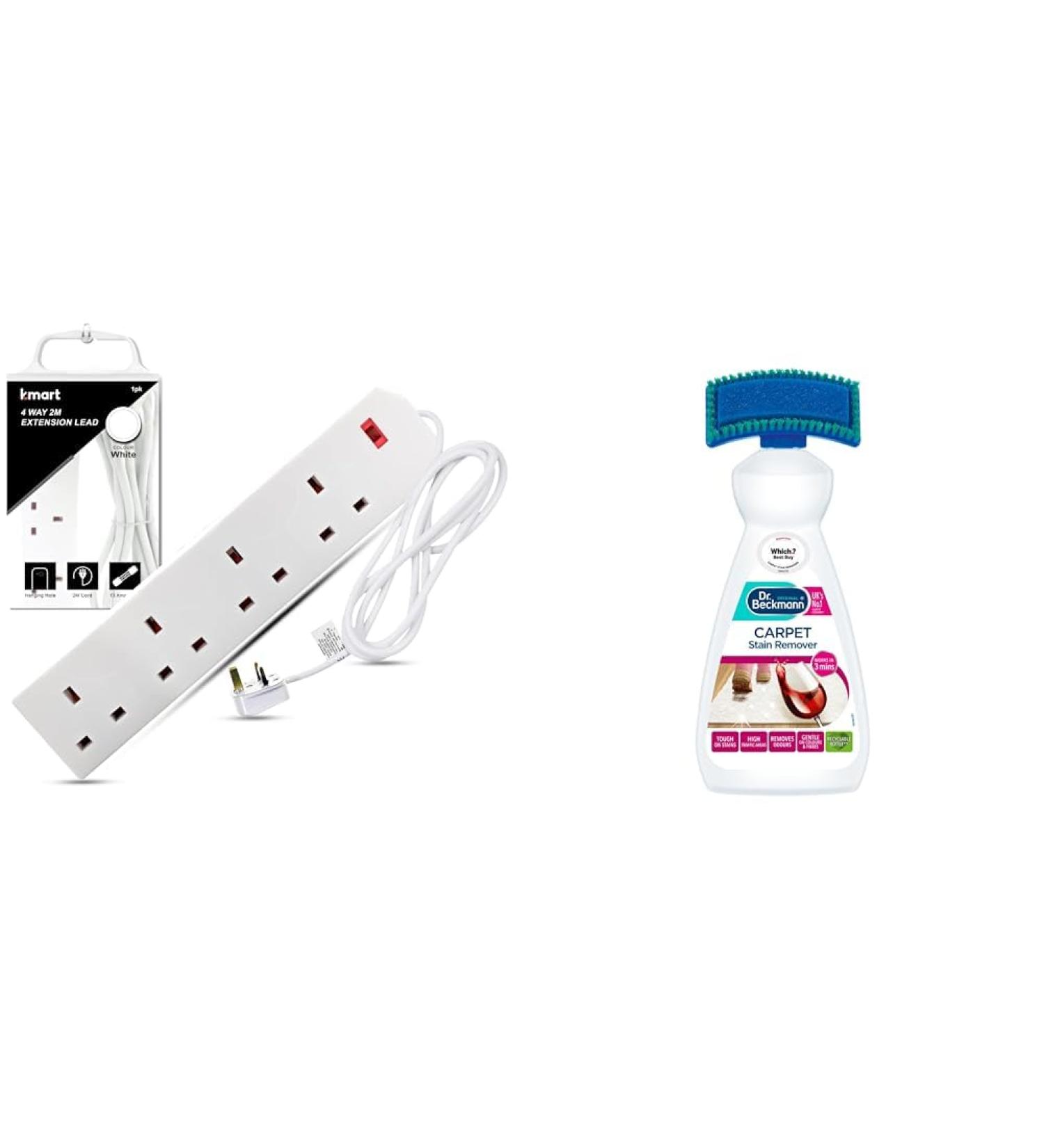 Heavy Duty Extension Lead UK Pin Plug and Cable 4 Gang Way 2m Power Adapter Multi Socket Mains Strip (White 1 Pack) & Dr. Beckmann Carpet Stain Remover | Works in 3 mins | 650 ml - Buy Online on GoSupps.com