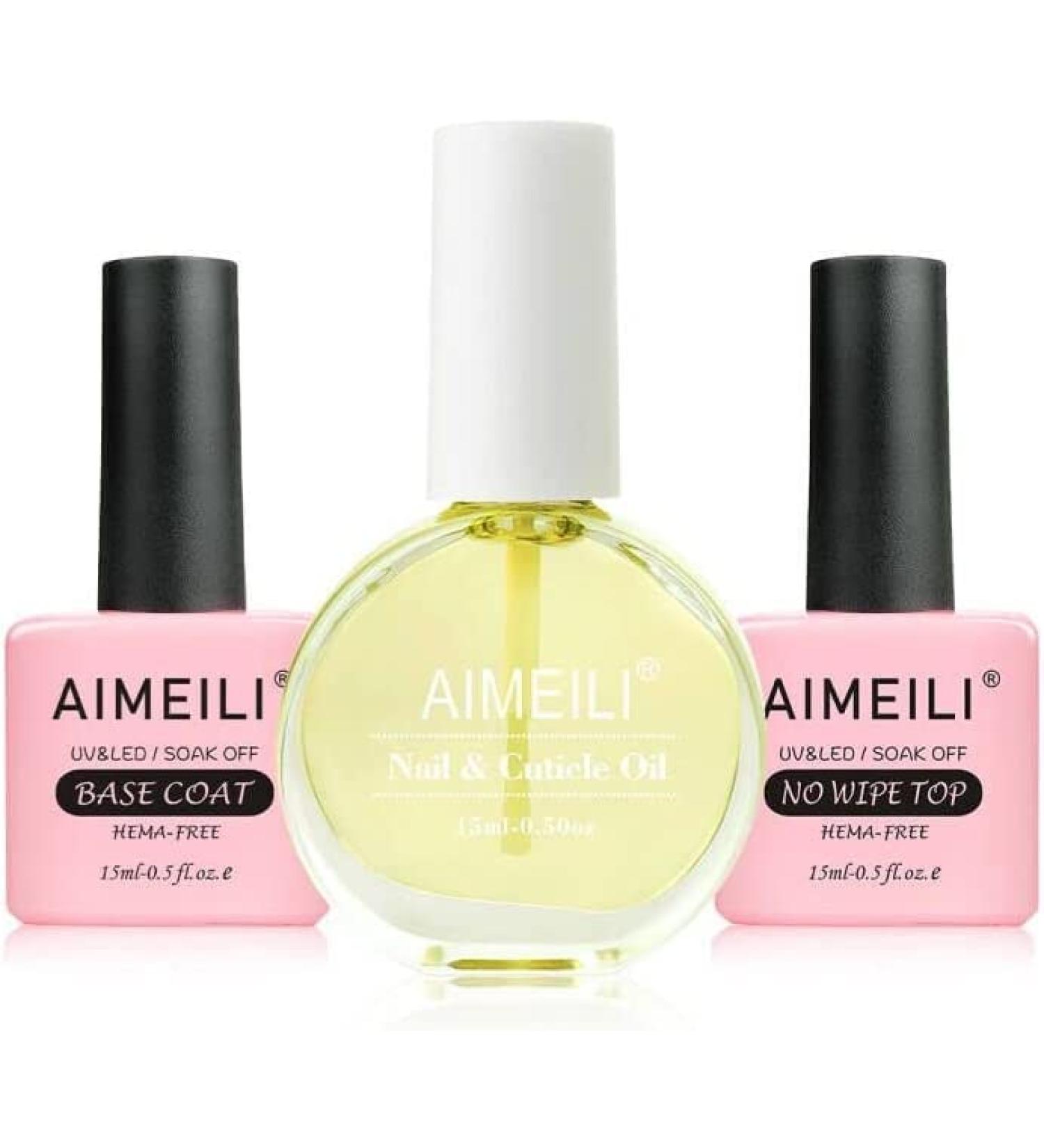 AIMEILI Hema Free No Wipe Top Coat Base Coat & Cuticle Oil Set | Glossy Shine | Long Lasting DIY Gel Nail | Cuticle Oil Care - Buy Online on GoSupps.com