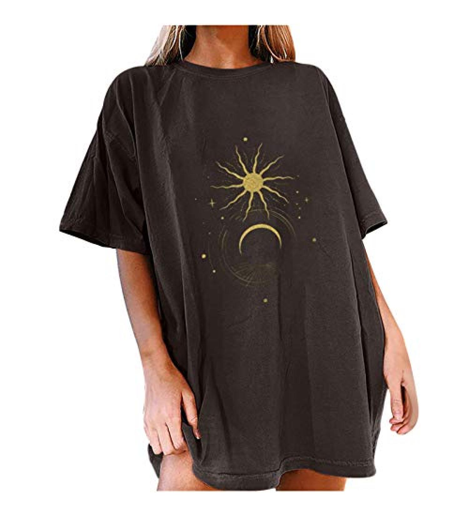 Sun and Moon Print Vintage Graphic Tee | Plus Size Short Sleeve Shirt | Western Streetwear Top for Women - Dark Gray XXL - Buy Online on GoSupps.com