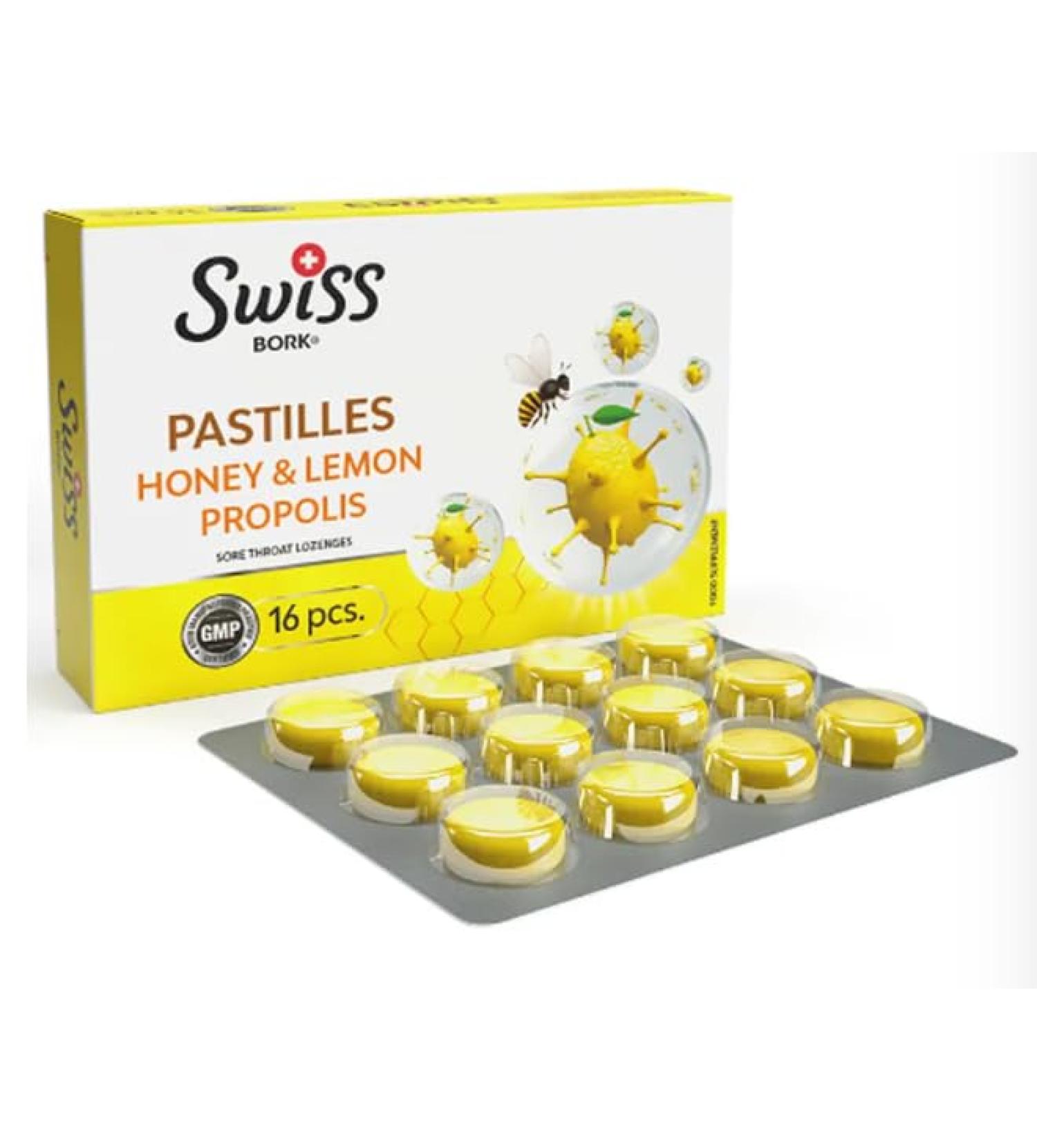 SWISS BORK Honey & Lemon Pastilles Highly Effective to Provide Sore Throat Relief Ideal Pastille to Get Rid of Throat Inflammation Dry and Phlegmy Cough (16 PCS)