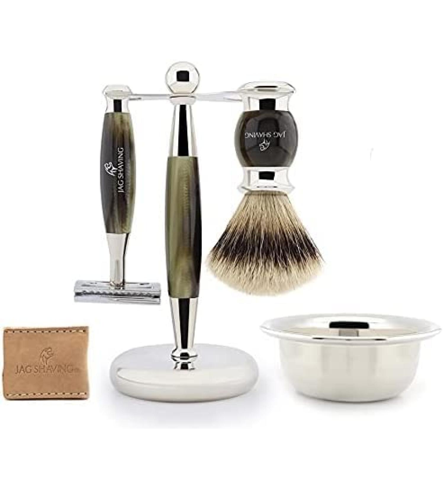Jag Shaving Double Edge Shaving Set with Silver Tip Badger Brush Razor and Brush Stand and Bowl
