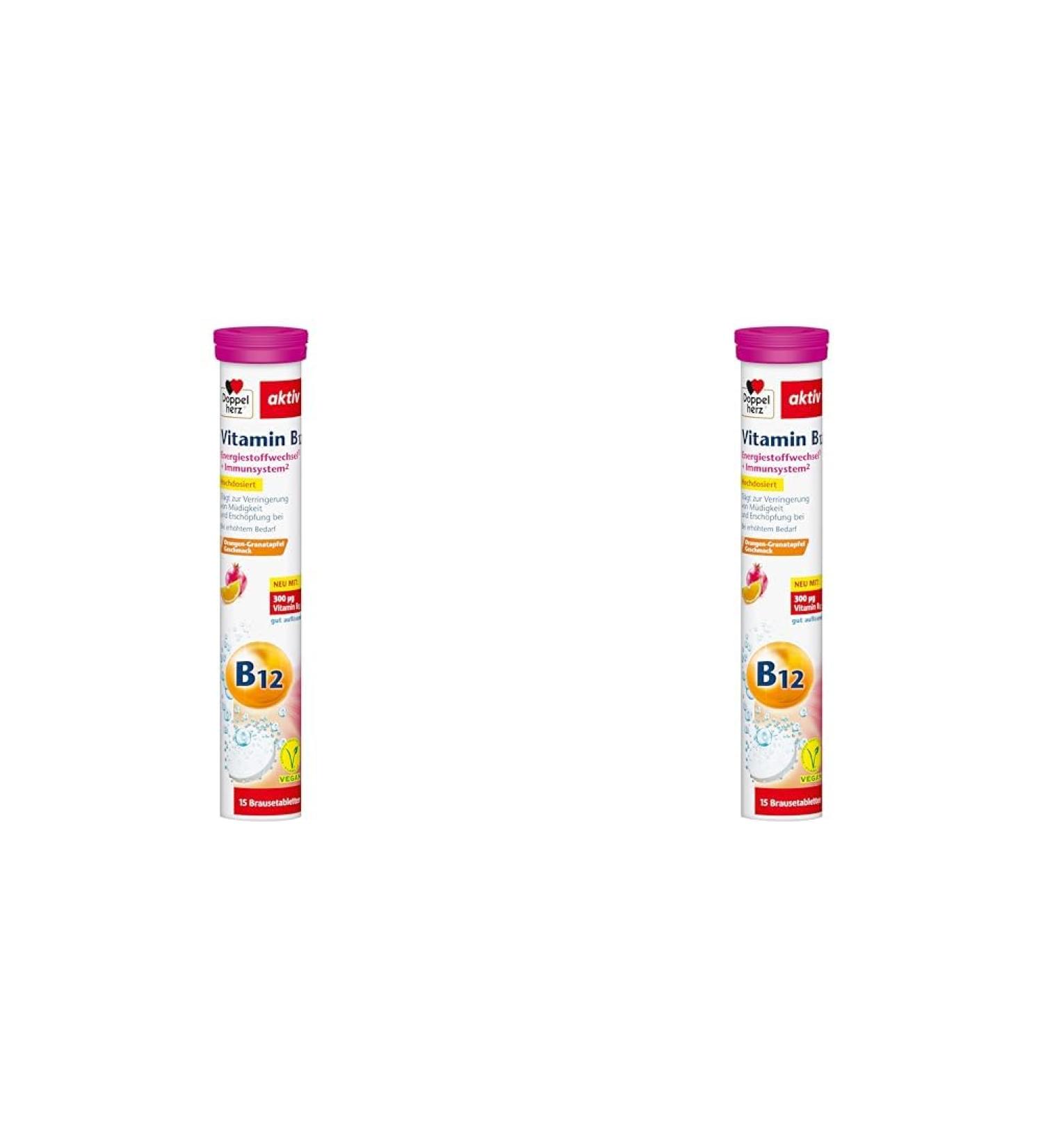 Double Heart Vitamin B12 - High-Dose Vegan Effervescent Tablets for Energy Metabolism - 15 Orange Pomegranate Flavor (2 Pack) - Buy Online on GoSupps.com