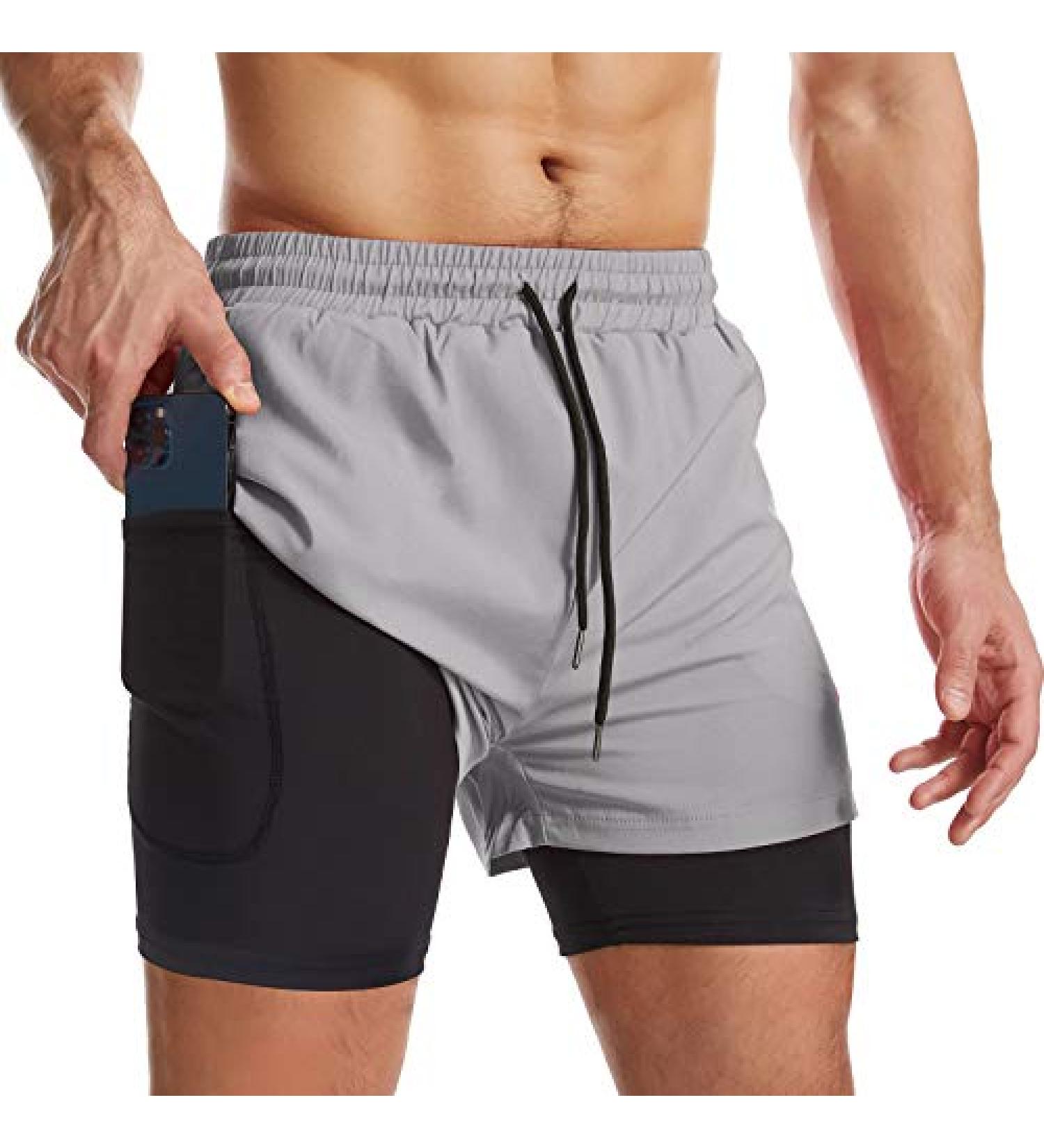 Surenow Men's 2 in 1 Running Shorts with Liner, Quick Dry Athletic Workout Shorts - Light Grey, Medium - Buy Online on GoSupps.com
