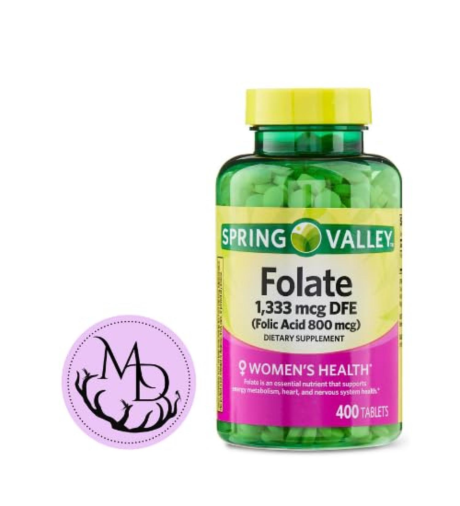 Generic Spring Valley Folate 1 333 mcg DFE Folic Acid 800 mcg 400 Tablets - Dietary Supplement Women's Health Boost Metabolism & Heart Support - Bundle with+ Sticker Dri Store - Buy Online on GoSupps.com