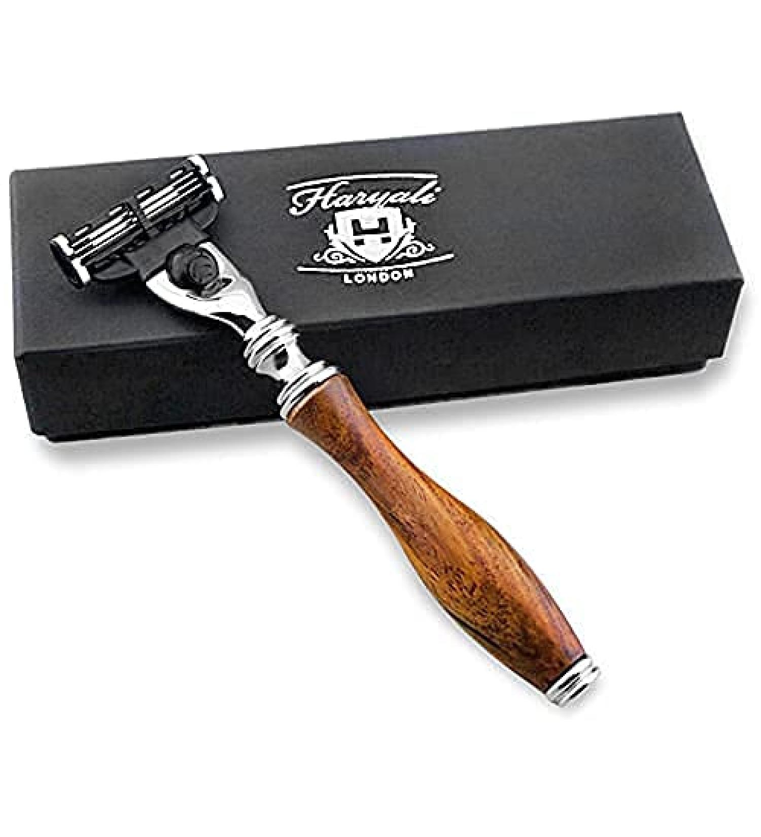 Haryali London Men's Pure Roose Wood Handle Shaving Razor - Designer Box Gift Set with 3 Different Heads: 5 Edge, Triple Edge, and DE Safety Head for Perfect Shave - Mach 3 Compatible - Buy Online on GoSupps.com