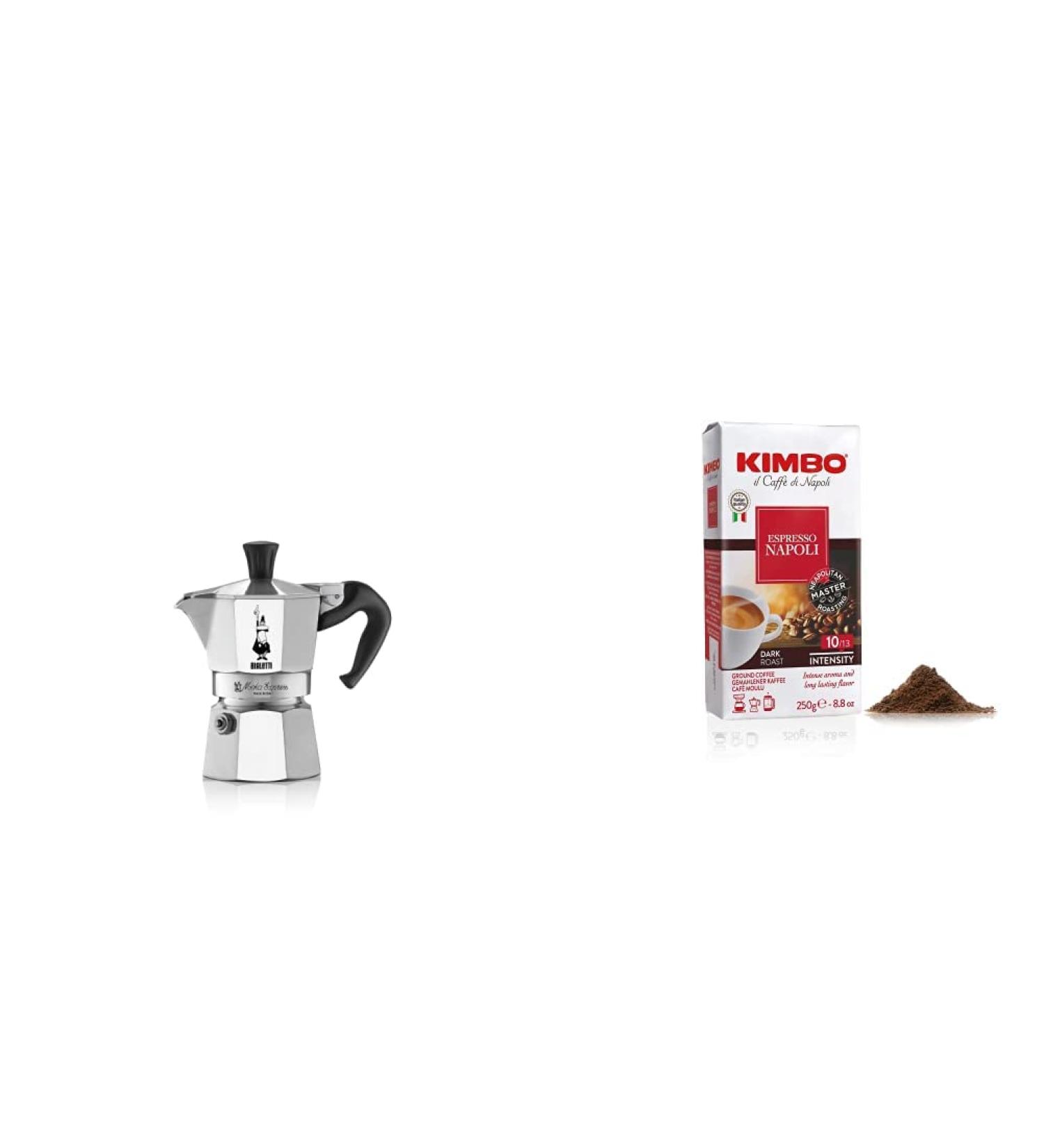 Bialetti Moka Express Aluminium Stovetop Coffee Maker Silver 1 Cup & Kimbo Espresso Napoli Ground Coffee Vacuum Sealed Bag Authentic Italian Coffee 1 x 250g + Espresso Napoli Ground Coffee - Buy Online on GoSupps.com