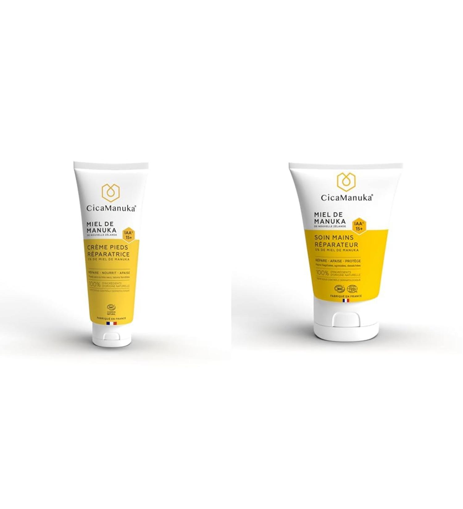  CicaManuka CicaManuka - Repairing Foot Cream with Manuka Honey IAA15+ Repairs dry damaged heels Cosmos Natural Certified 75ml & Repairing Hand Cream with Manuka Honey IAA15+ - Nourishes and moisturizes - 50ml - Buy Online on GoSupps.com