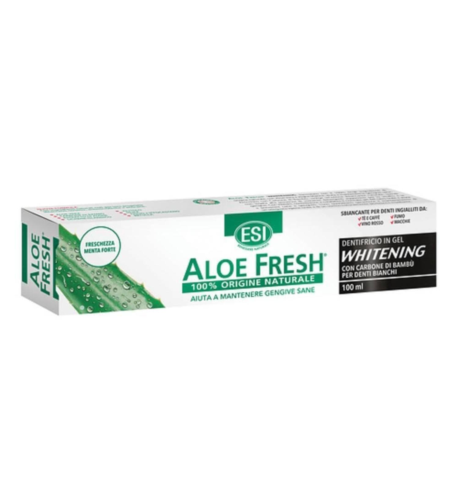 ESI Aloe Fresh Whitening Toothpaste with aloe vera seaweed and bamboo charcoal helps keep teeth white and shiny without damaging enamel fluoride and saccharin free 100 ml